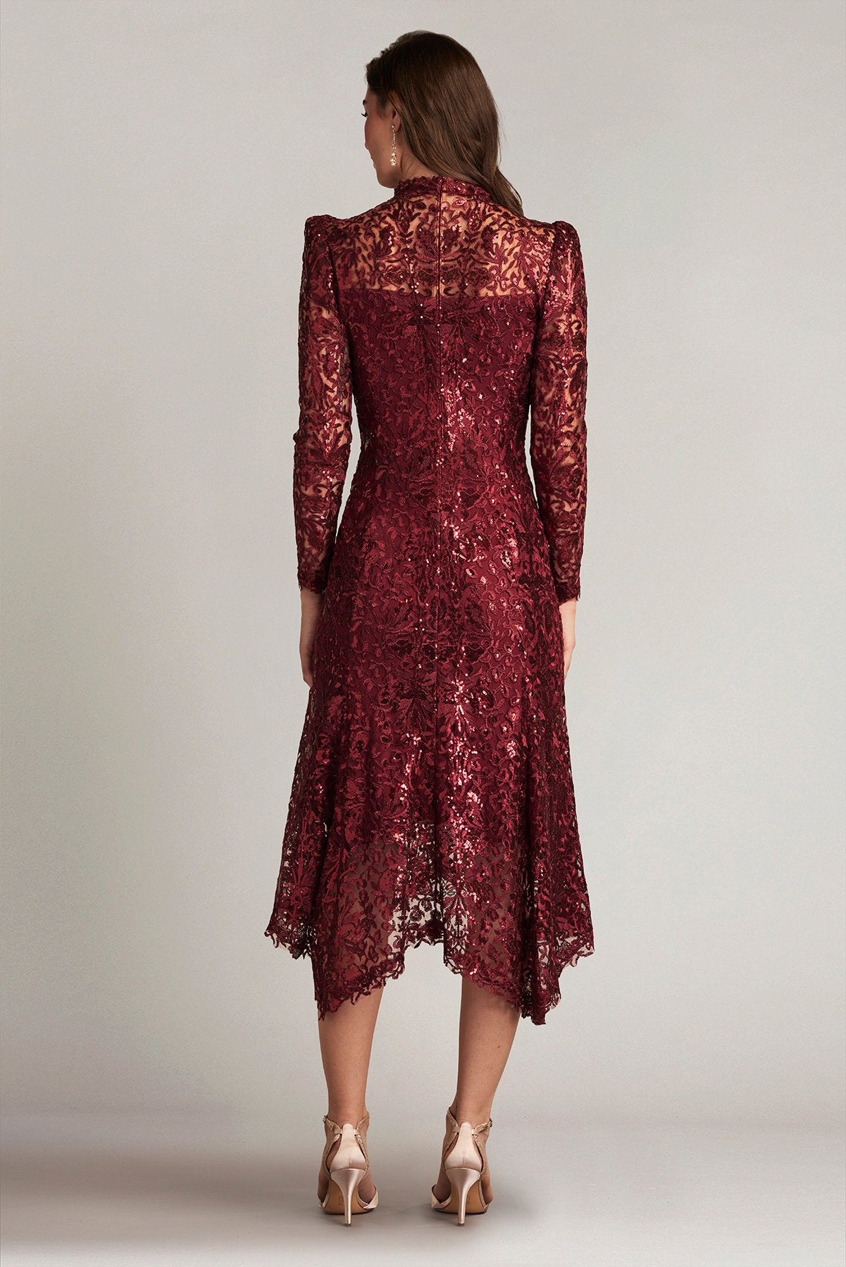 Heiss Sequin Embroidered Illusion Midi Dress