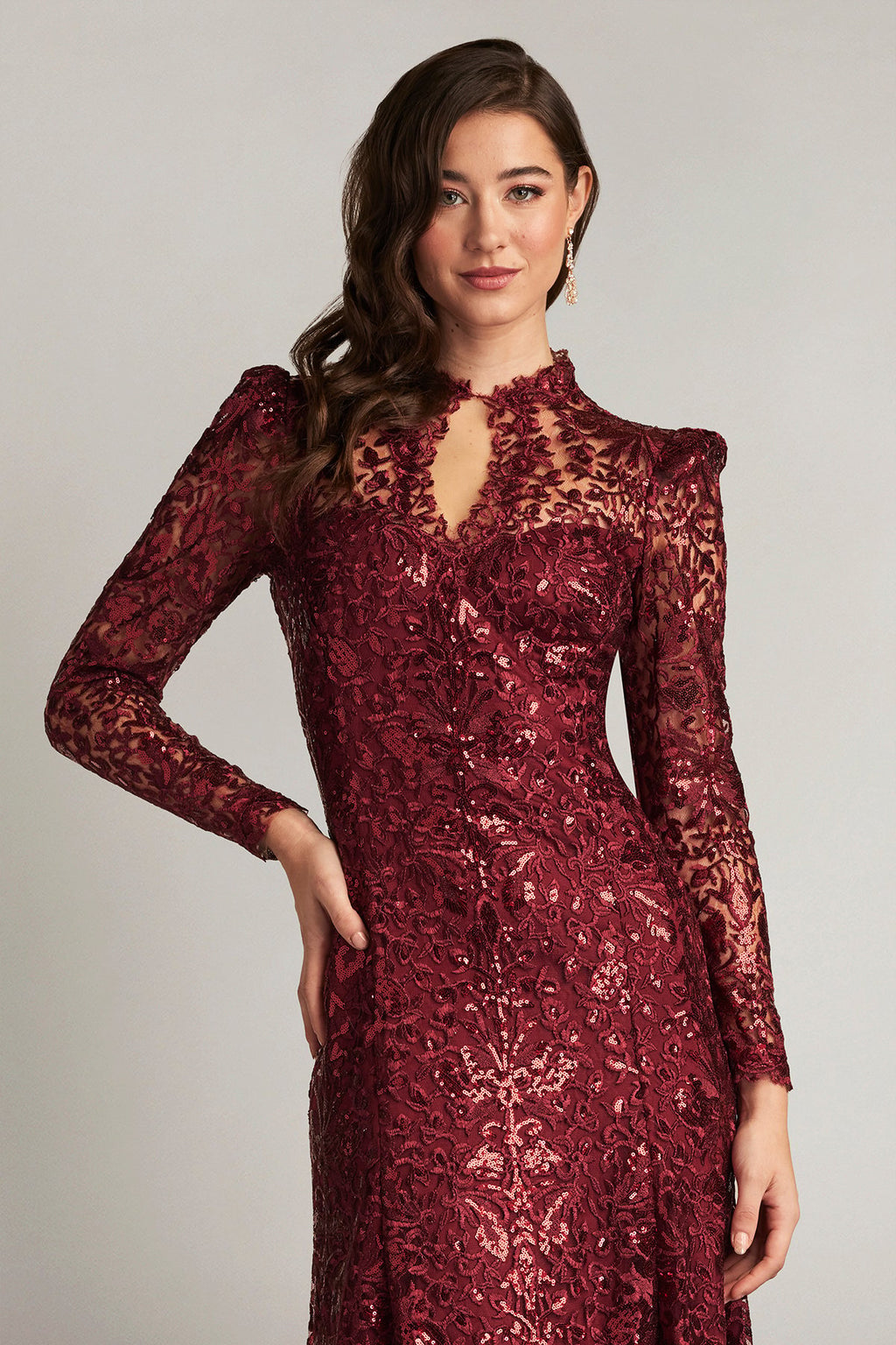 Heiss Sequin Embroidered Illusion Midi Dress