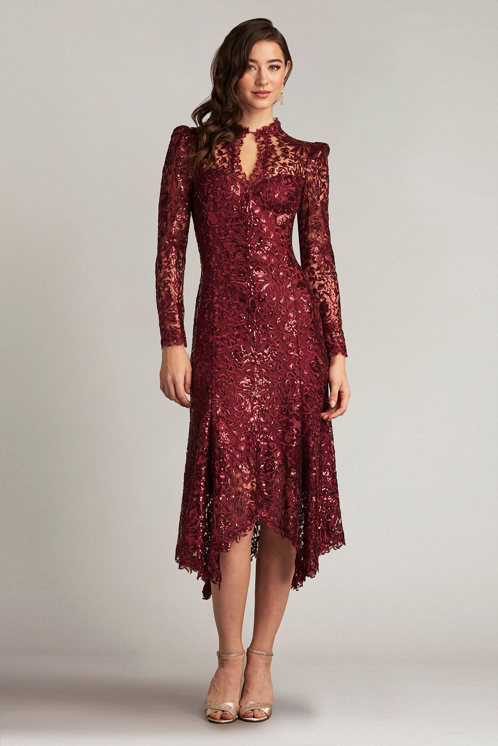 Heiss Sequin Embroidered Illusion Midi Dress