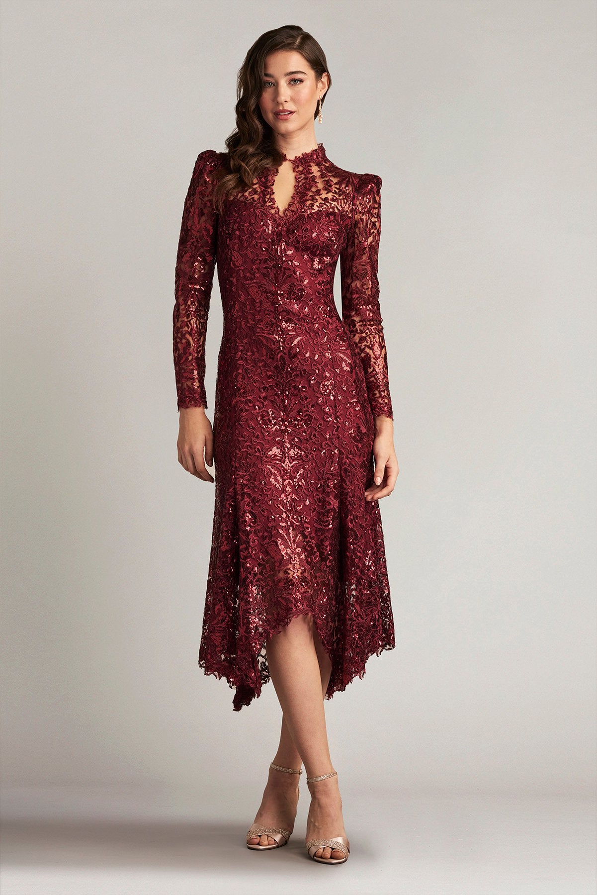 Heiss Sequin Embroidered Illusion Midi Dress