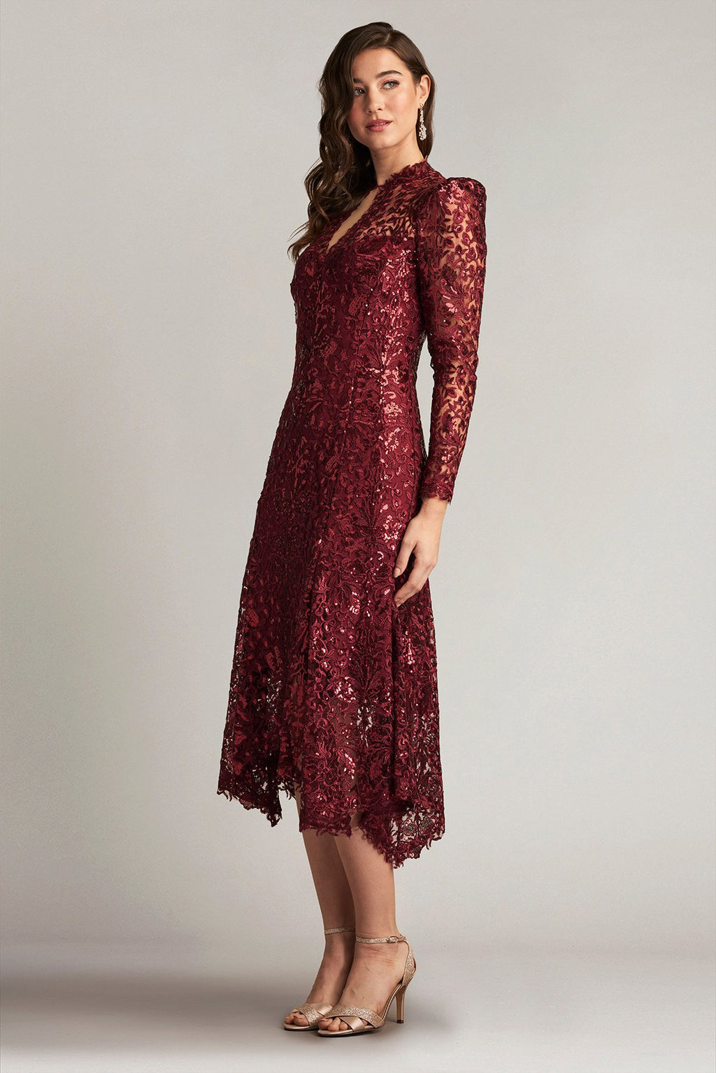 Heiss Sequin Embroidered Illusion Midi Dress