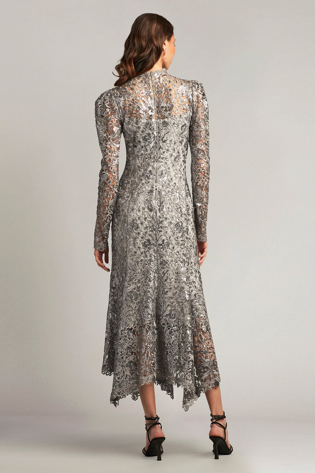 Heiss Sequin Embroidered Illusion Midi Dress
