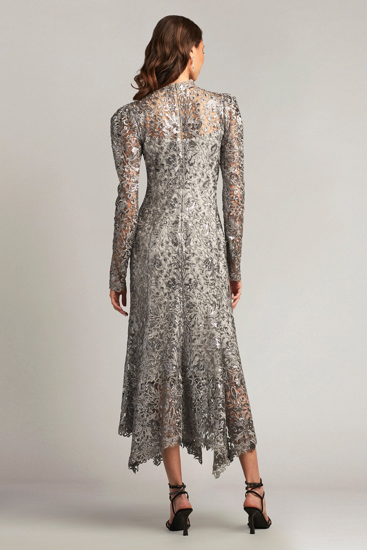 Heiss Sequin Embroidered Illusion Midi Dress