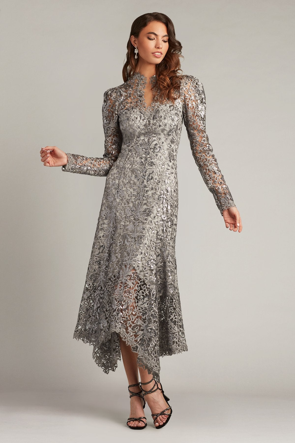 Heiss Sequin Embroidered Illusion Midi Dress