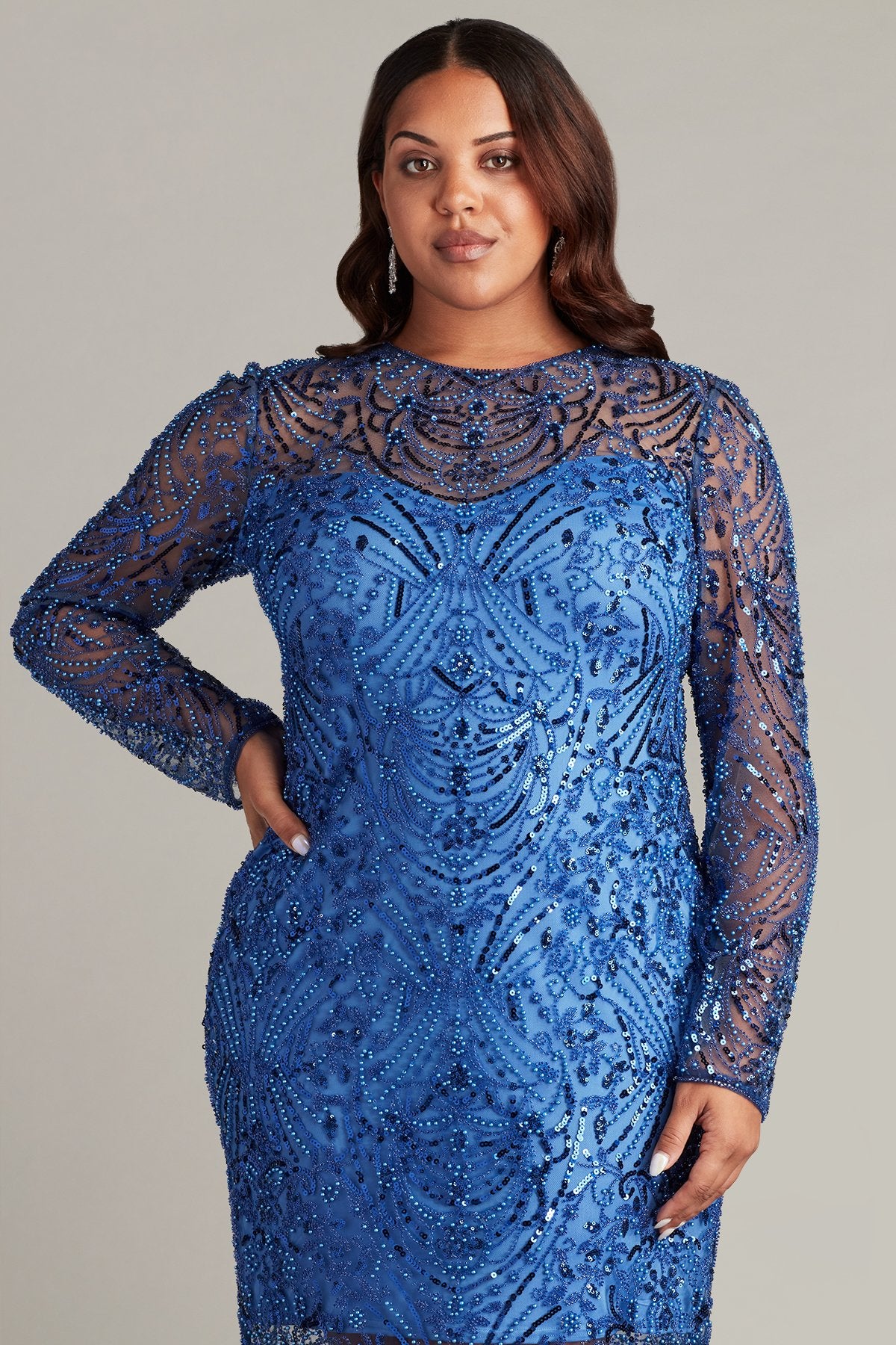 Sosi Long Sleeve Embellished Illusion Dress - PLUS SIZE