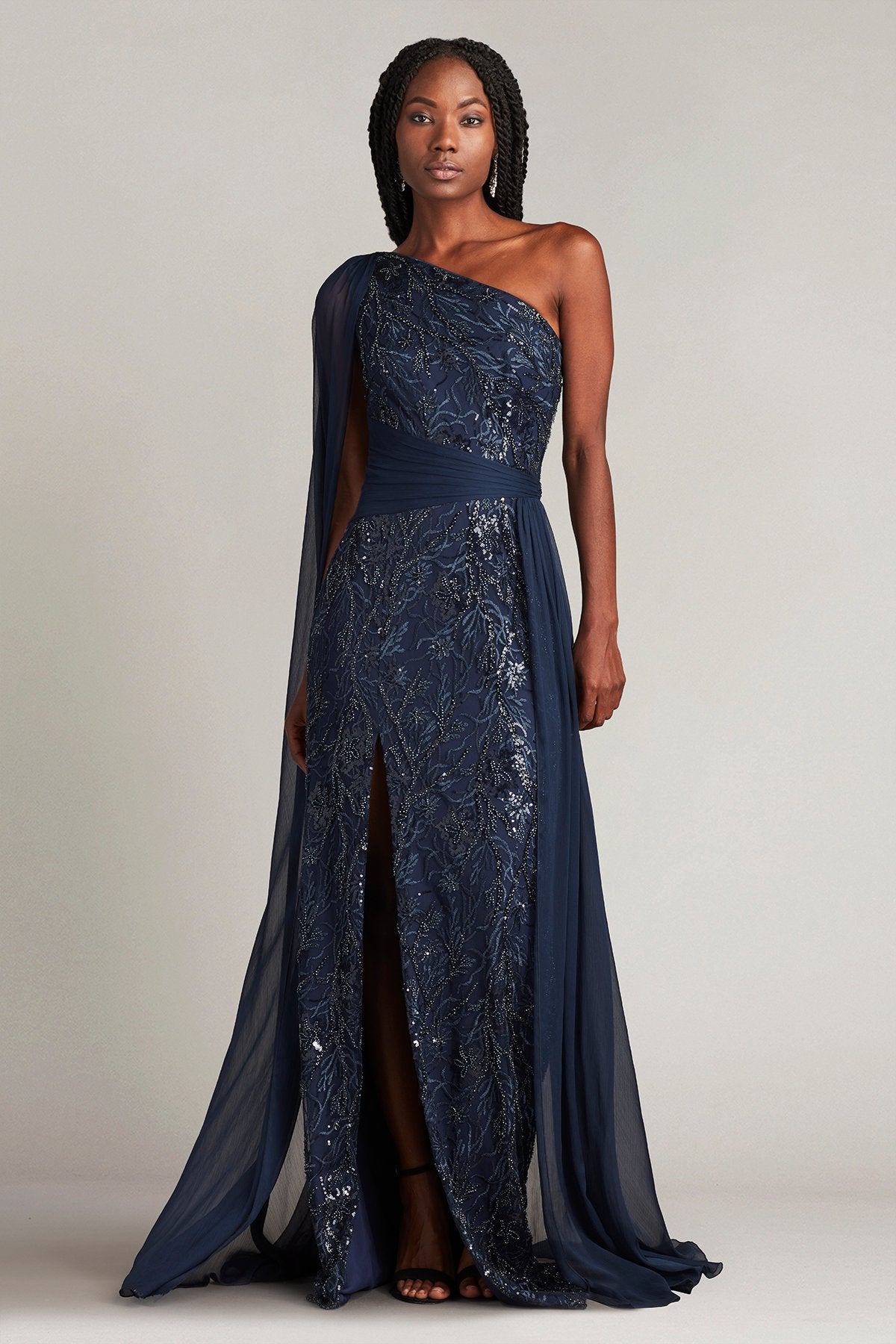 one shoulder dress with cape Ada Beaded One Shoulder Cape Sleeve Gown – Tadashi Shoji Official Online  Boutique