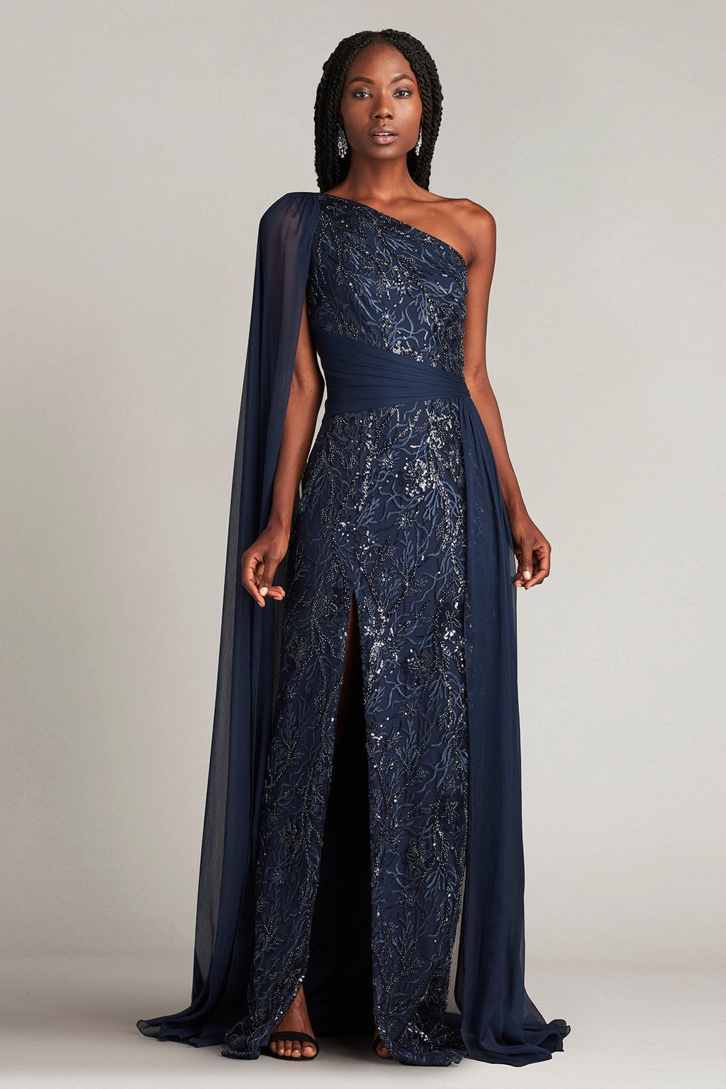 Ada Beaded One Shoulder Cape Sleeve Gown – Tadashi Shoji Official Online Boutique