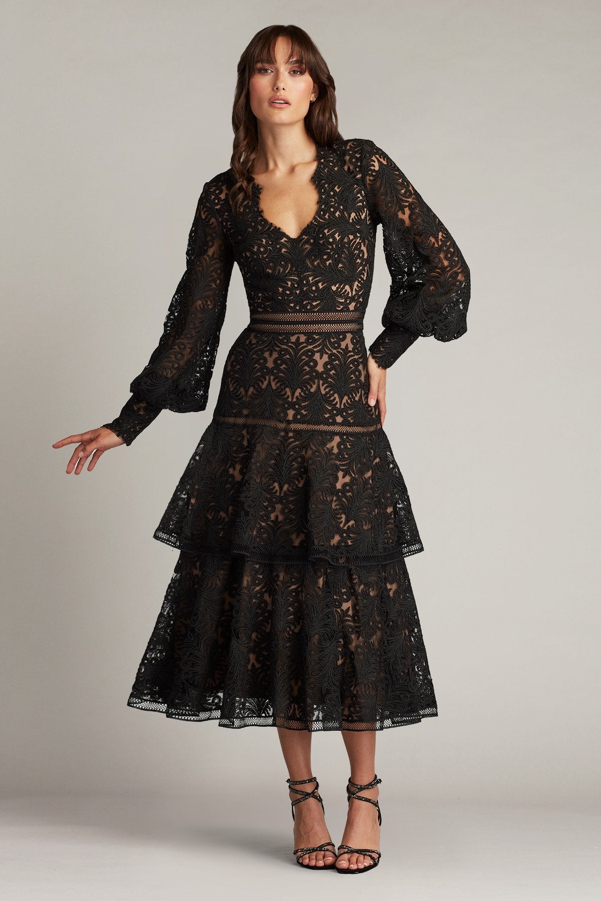 Quenby Tiered Embroidered Tulle Midi Dress