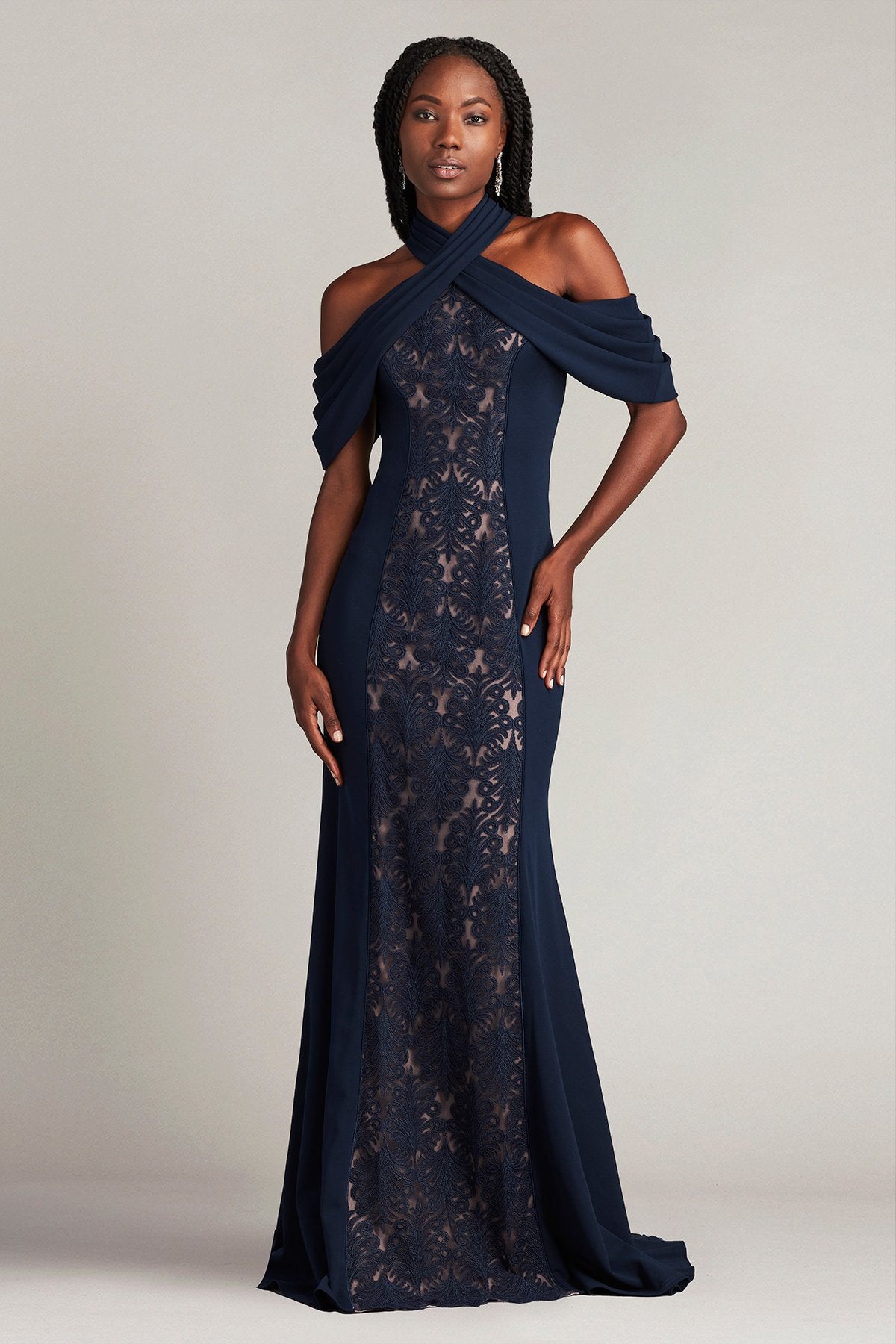 Kato Embroidered Off-Shoulder Halter Gown