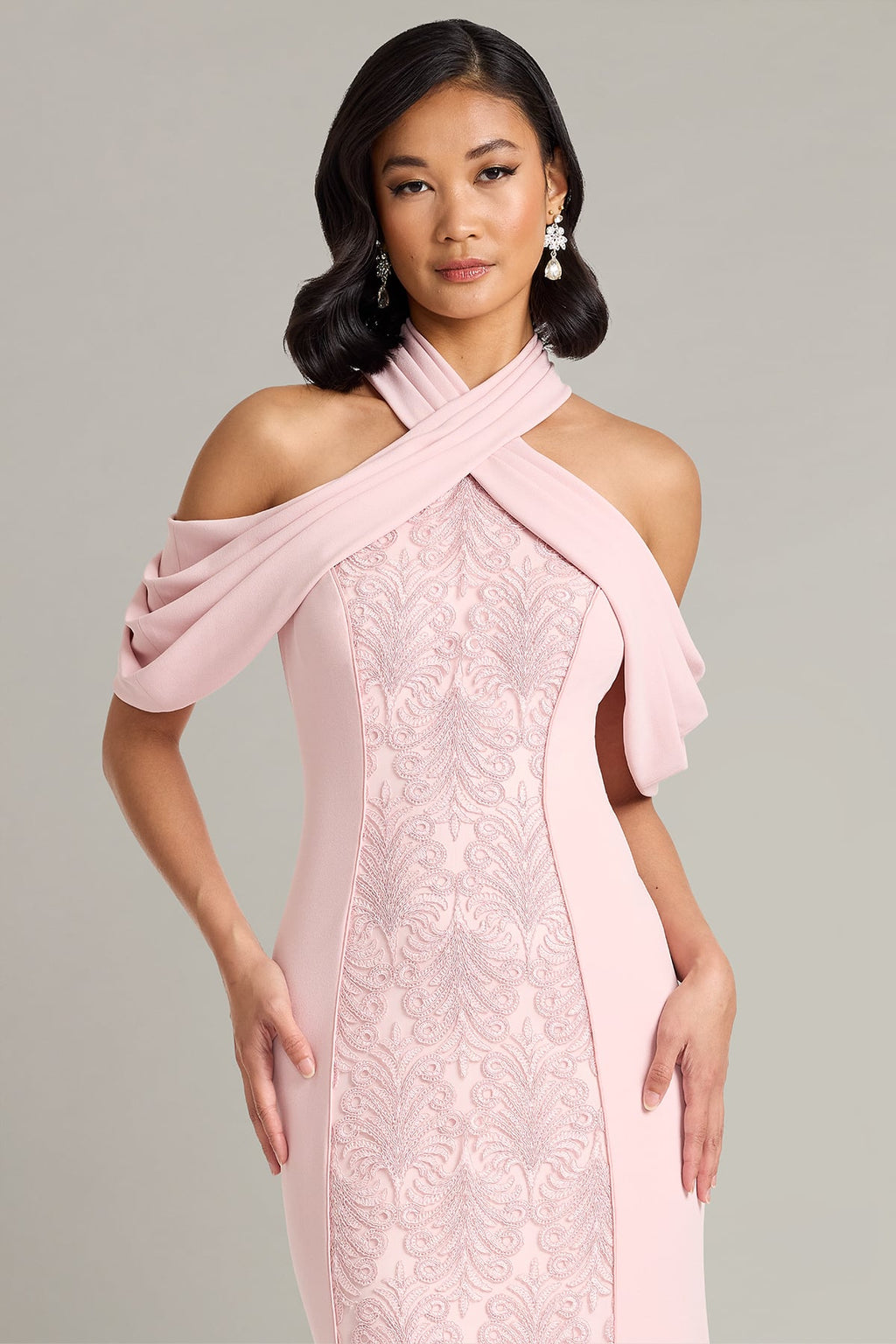 Kato Embroidered Off-Shoulder Halter Gown