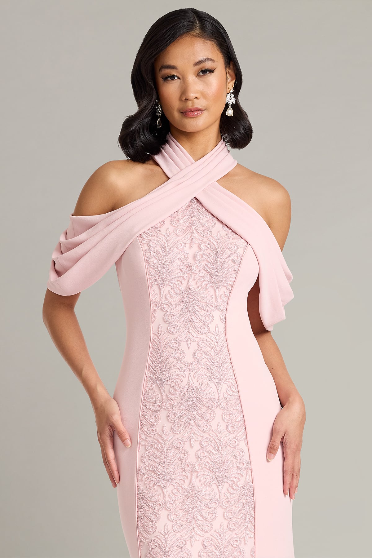 Kato Embroidered Off-Shoulder Halter Gown