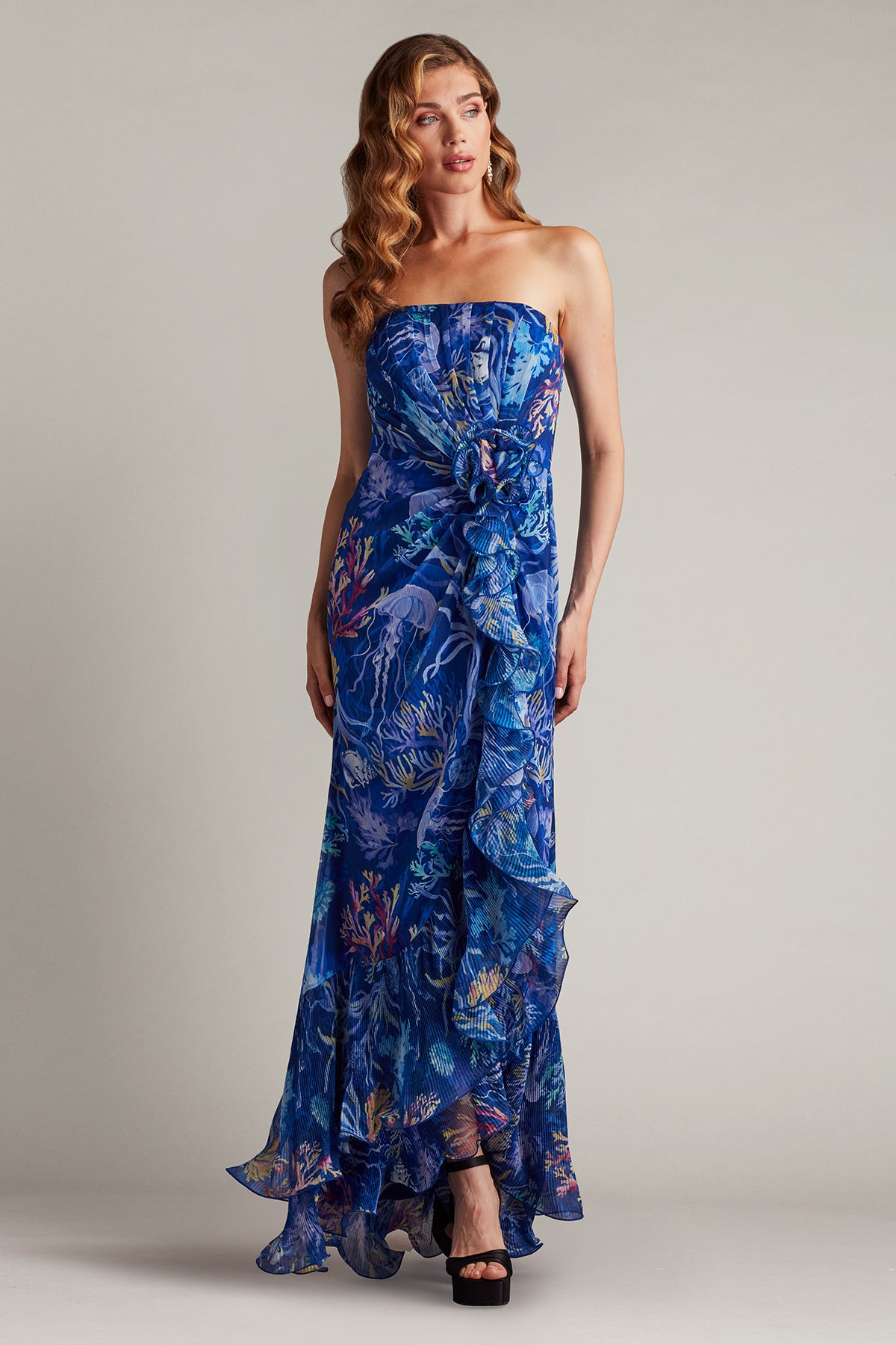 Morwenna Oceanic Print Ruffle Gown MYSTC – Tadashi Shoji Official