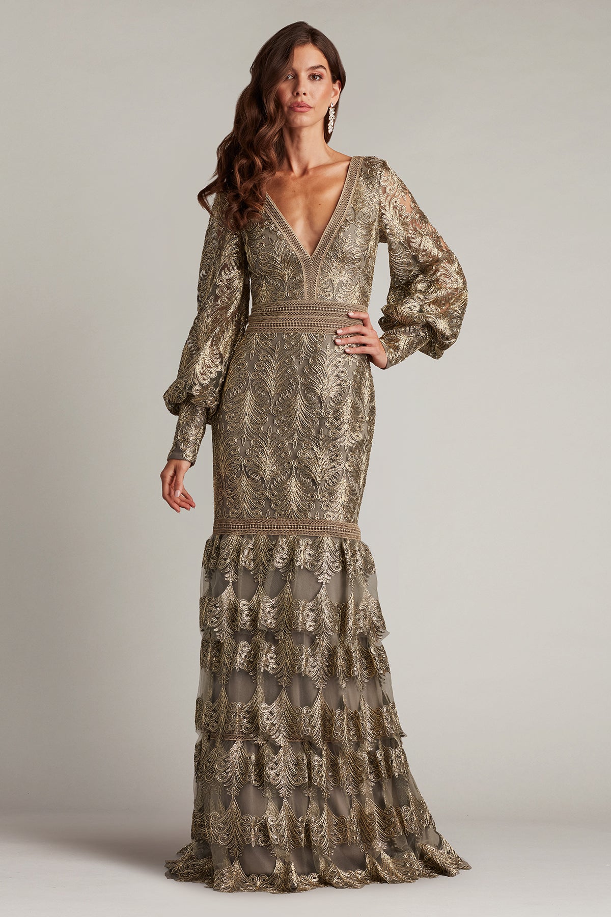 Aponi Tiered Sequin Embroidered Gown  Tadashi Shoji Official Online  Boutique