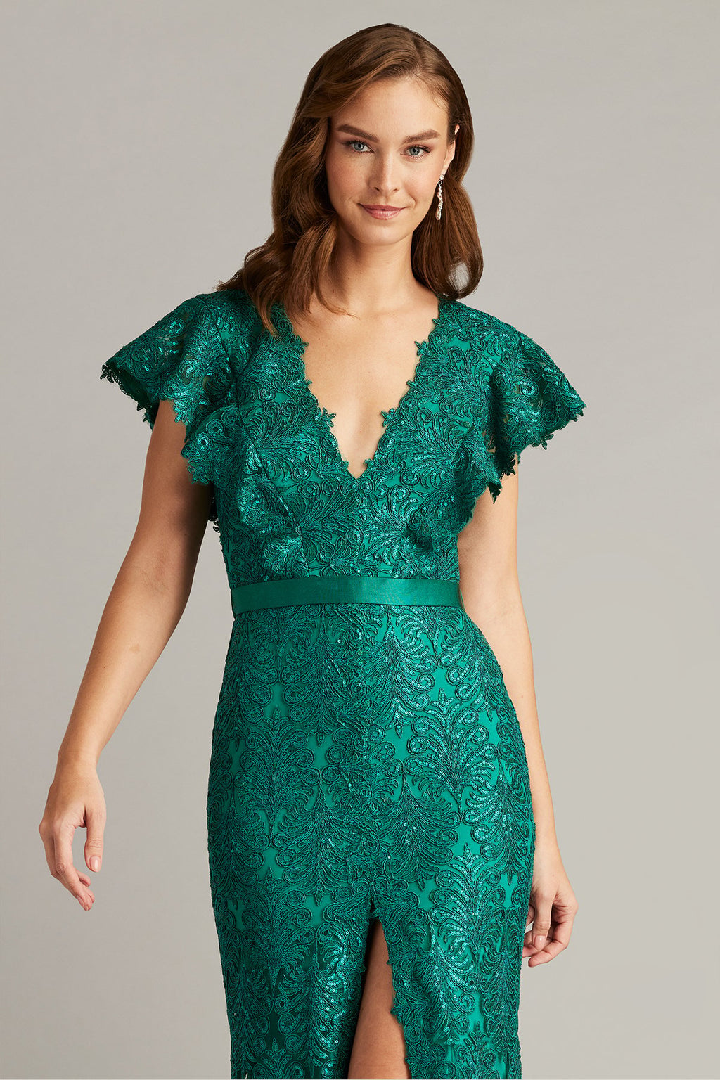 Keck Sequin Embroidered Flutter Sleeve Gown