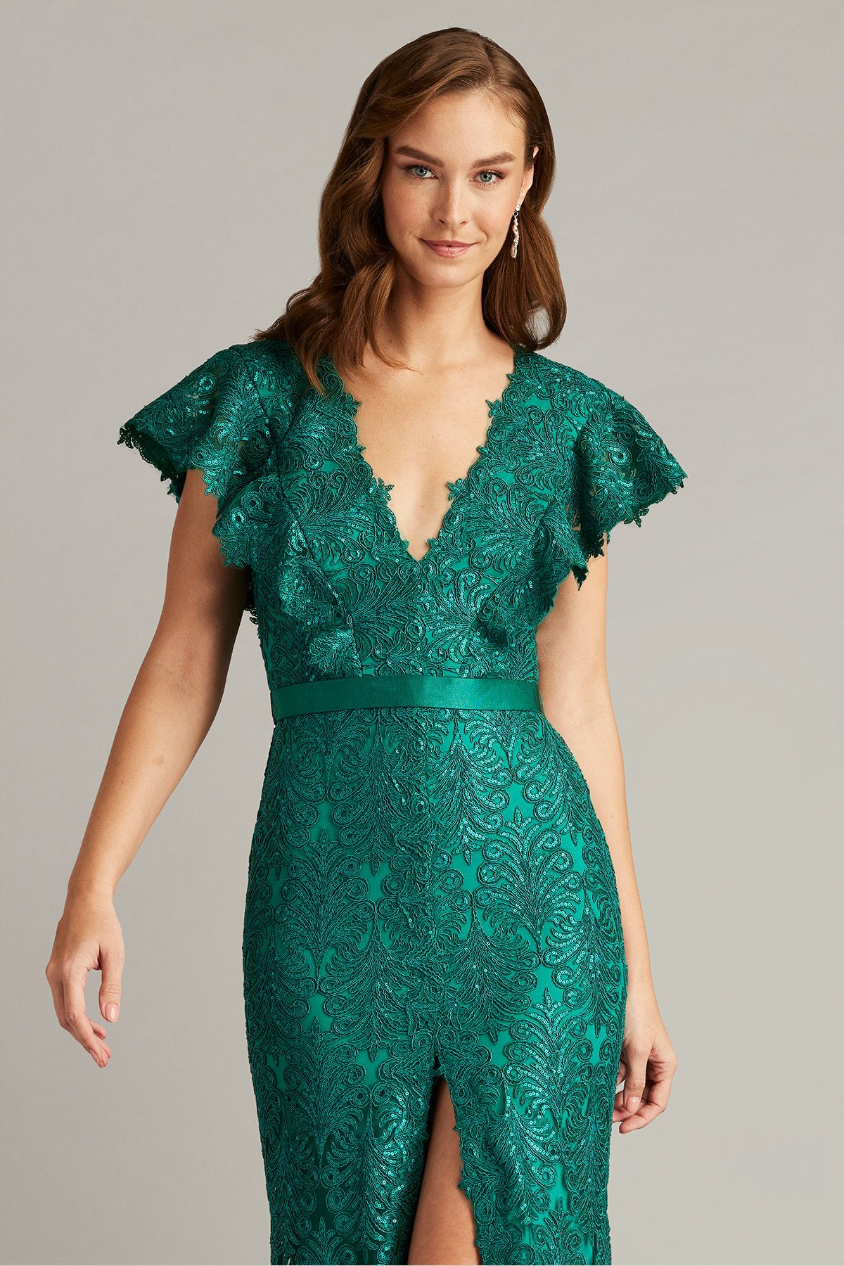 Keck Sequin Embroidered Flutter Sleeve Gown
