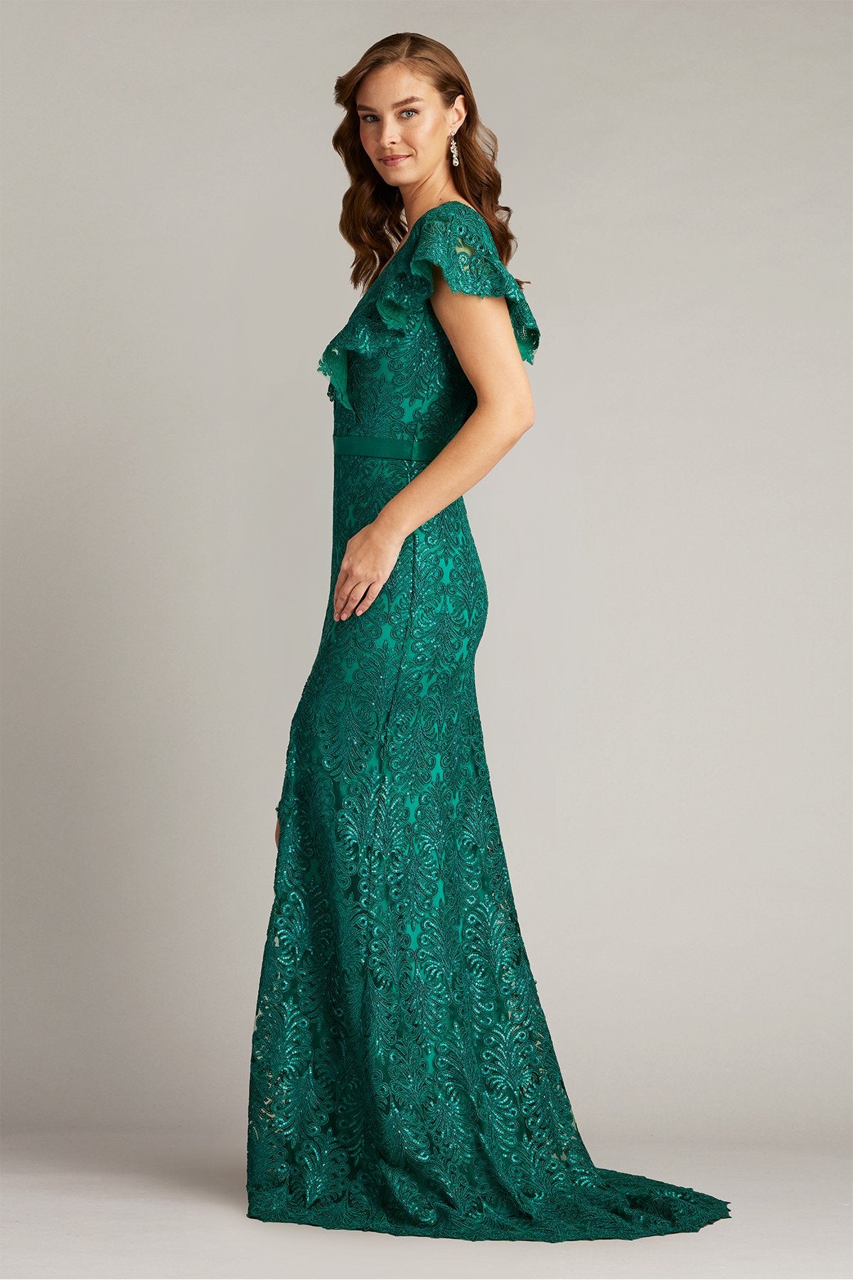 Keck Sequin Embroidered Flutter Sleeve Gown