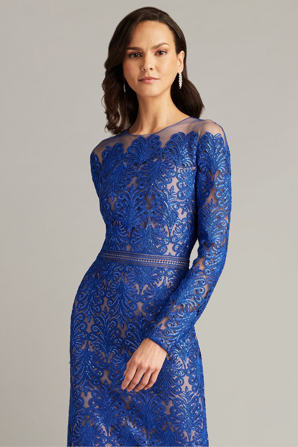 Camie Sequin Embroidered Off Shoulder Illusion Dress