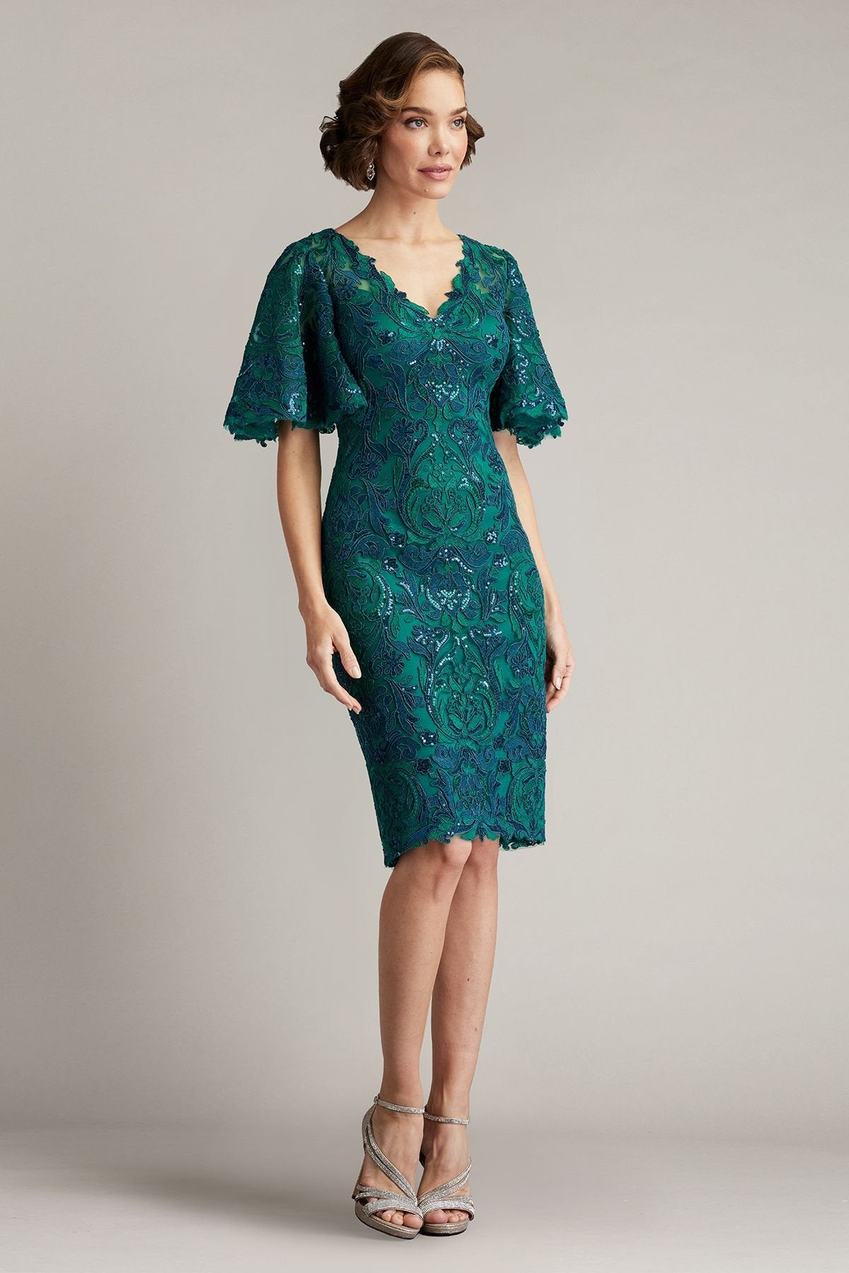 Leya Sequin Embroidered Flutter Sleeve Dress