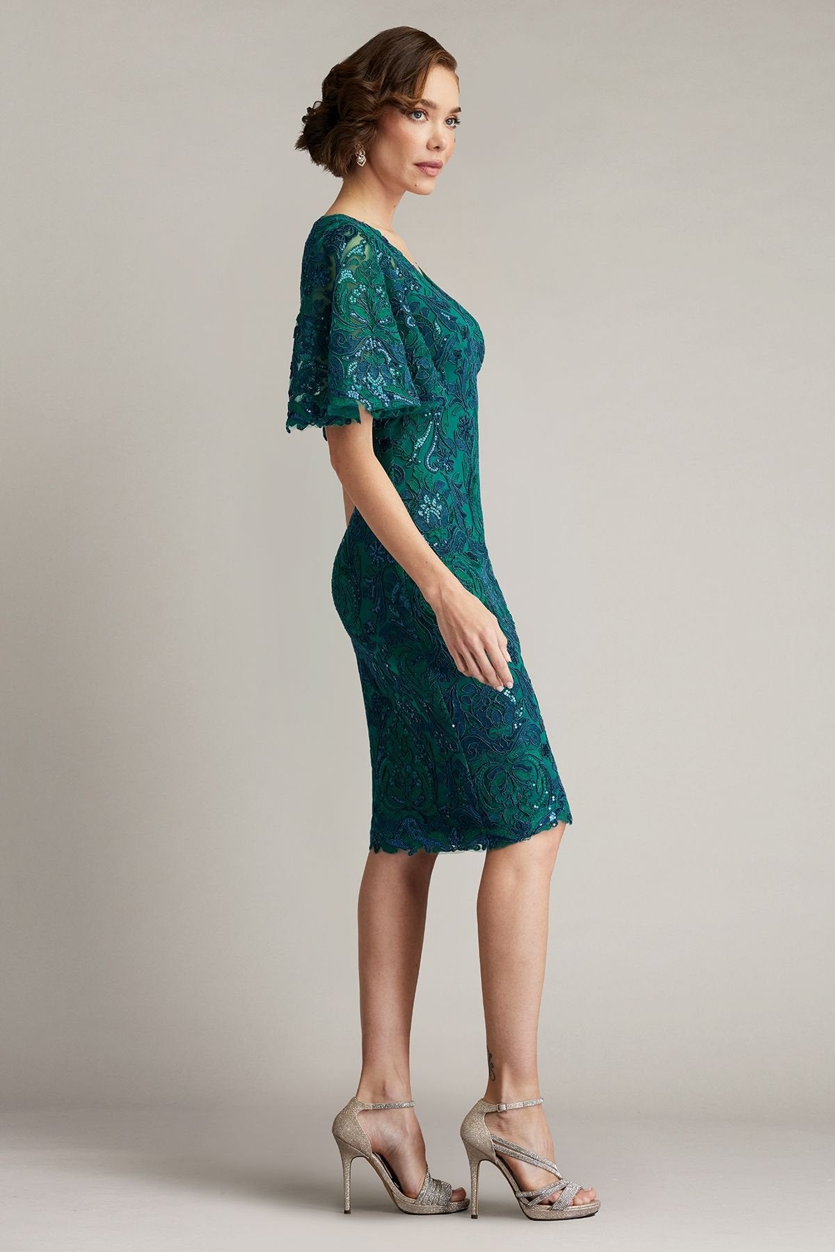 Leya Sequin Embroidered Flutter Sleeve Dress