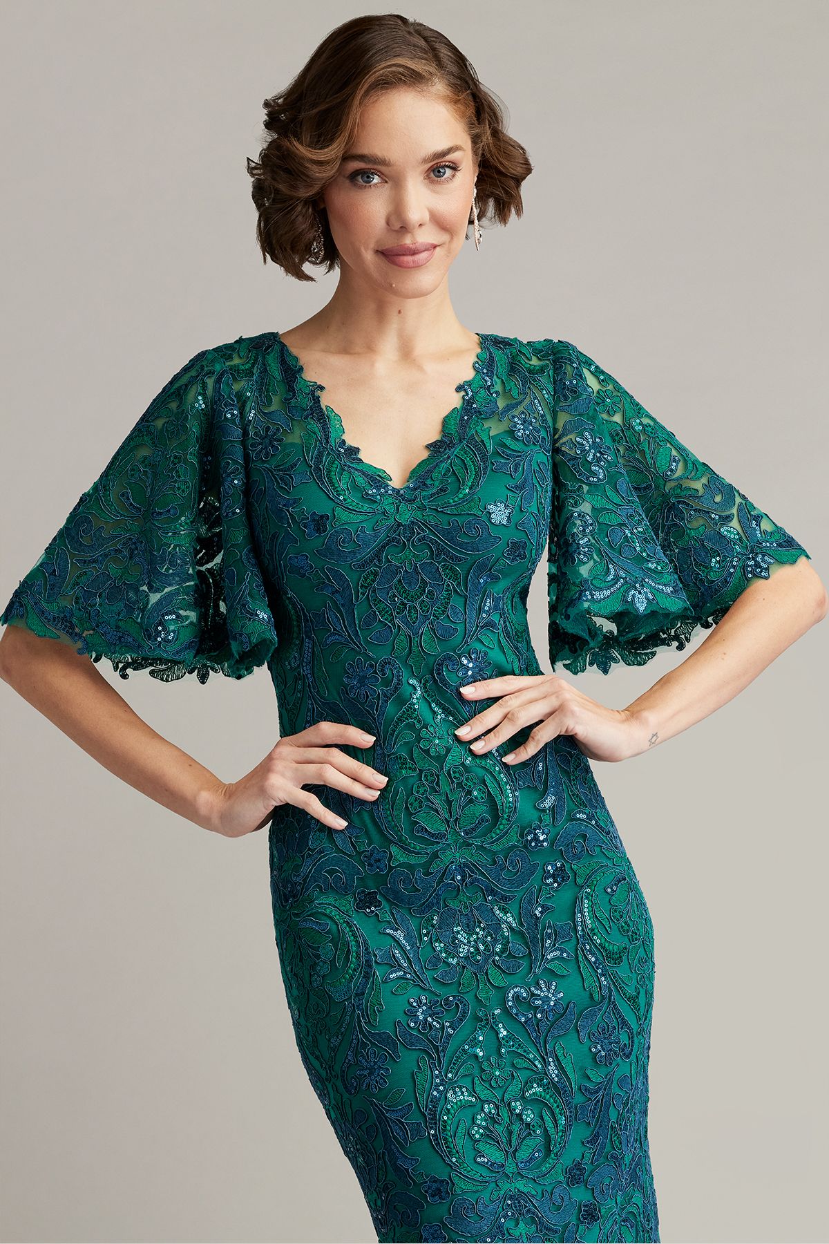 Leya Sequin Embroidered Flutter Sleeve Dress