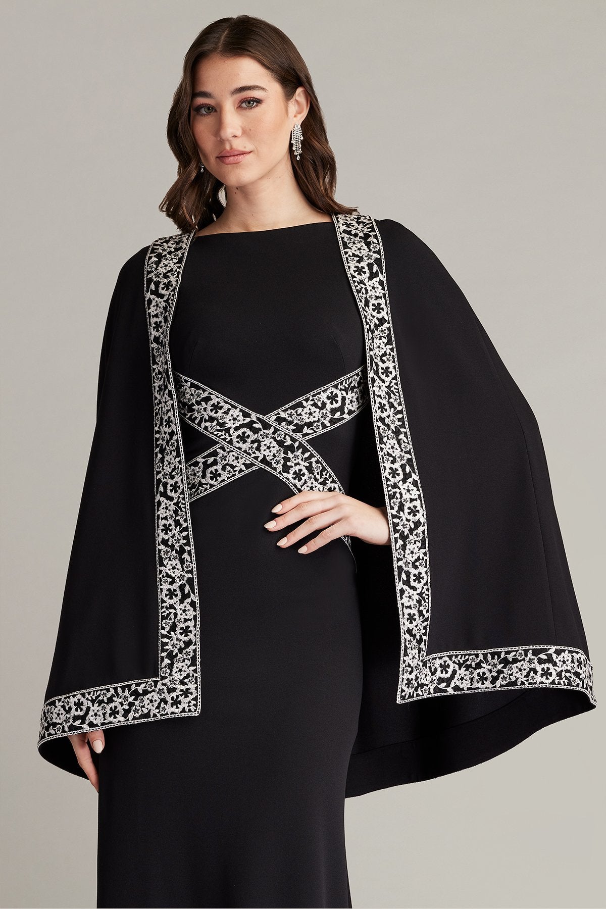 Bian Embroidered Trim Cape Gown