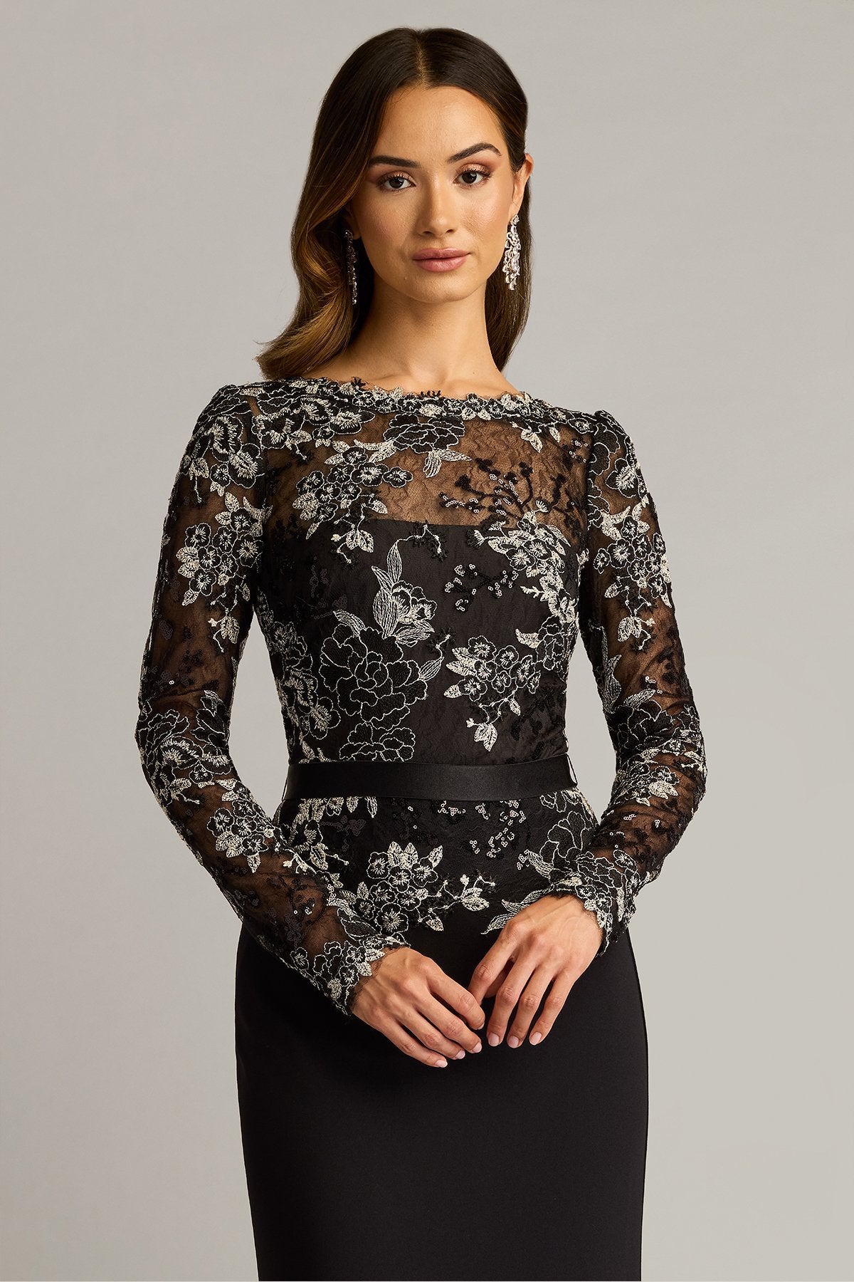 Beacon Belted Embroidered Illusion Gown