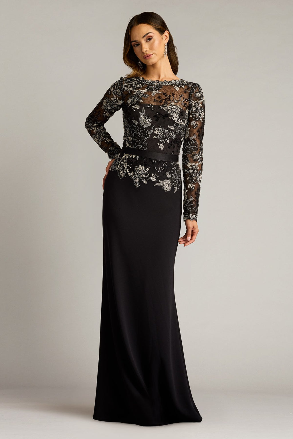 Beacon Belted Embroidered Illusion Gown