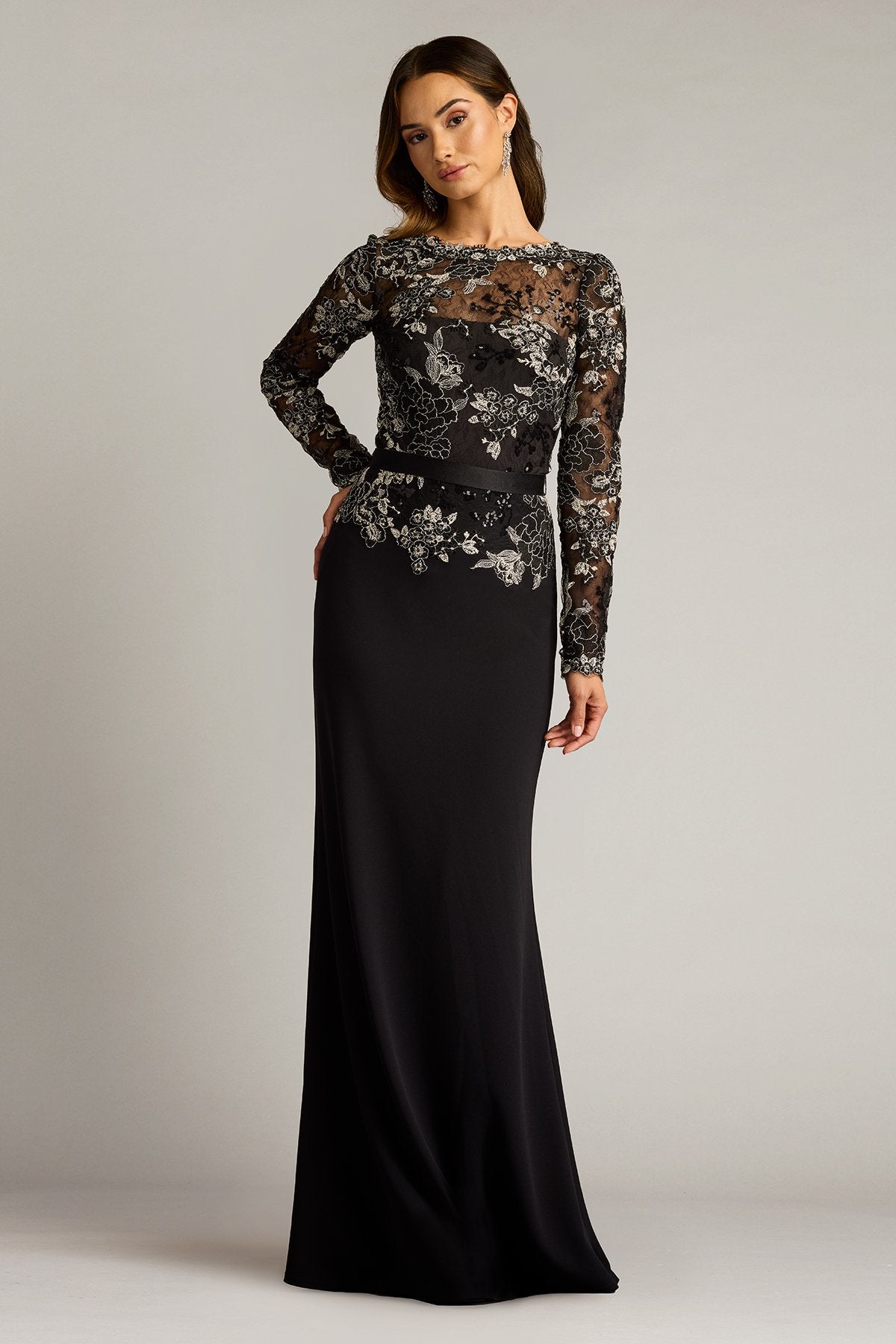 Beacon Belted Embroidered Illusion Gown
