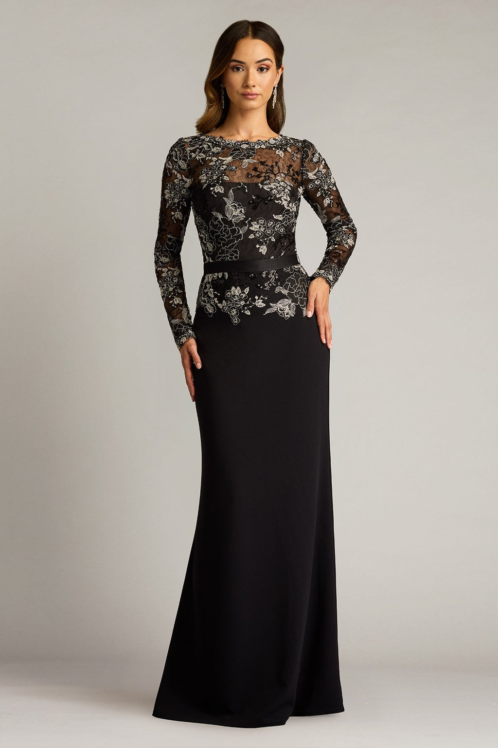 Beacon Belted Embroidered Illusion Gown