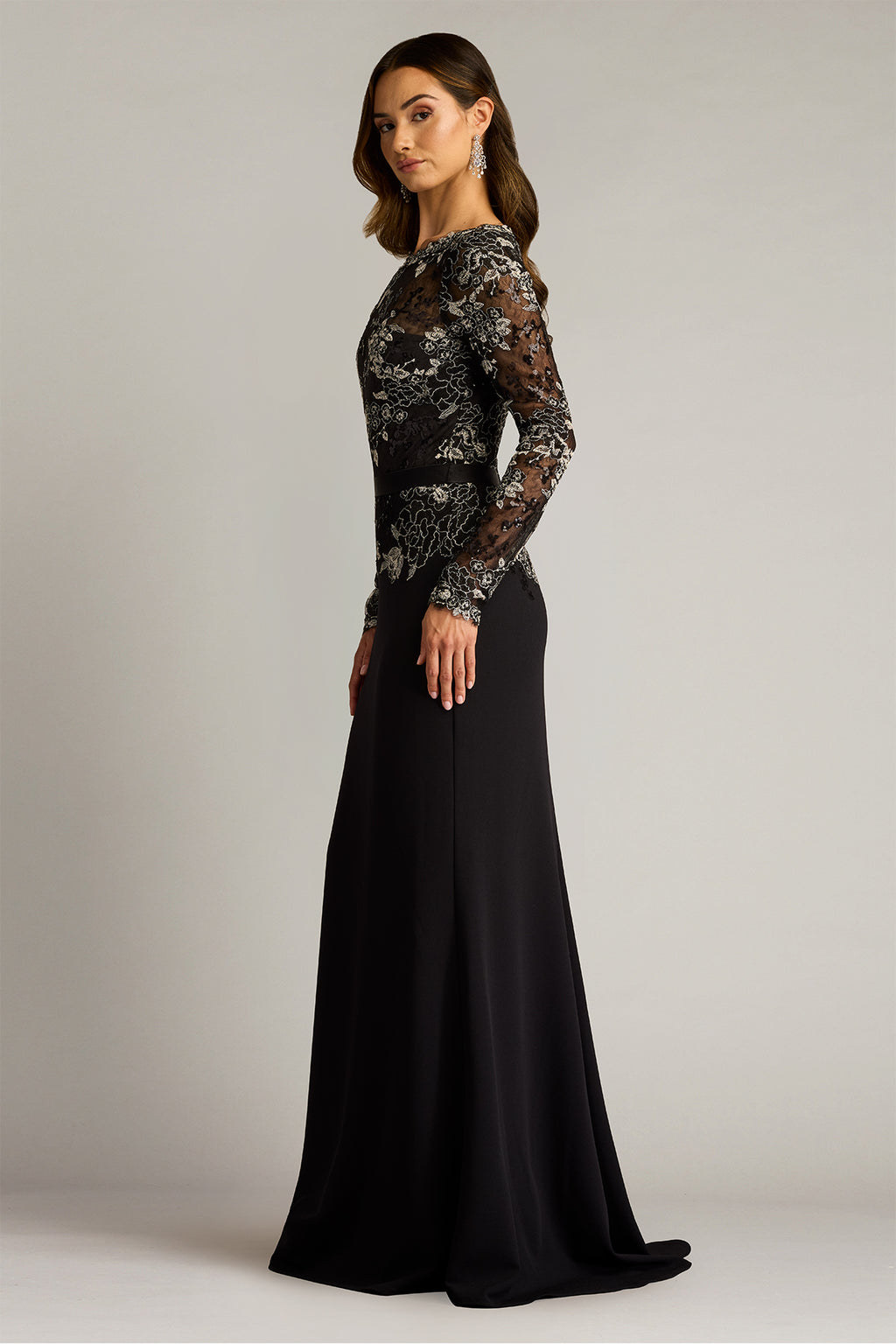Beacon Belted Embroidered Illusion Gown