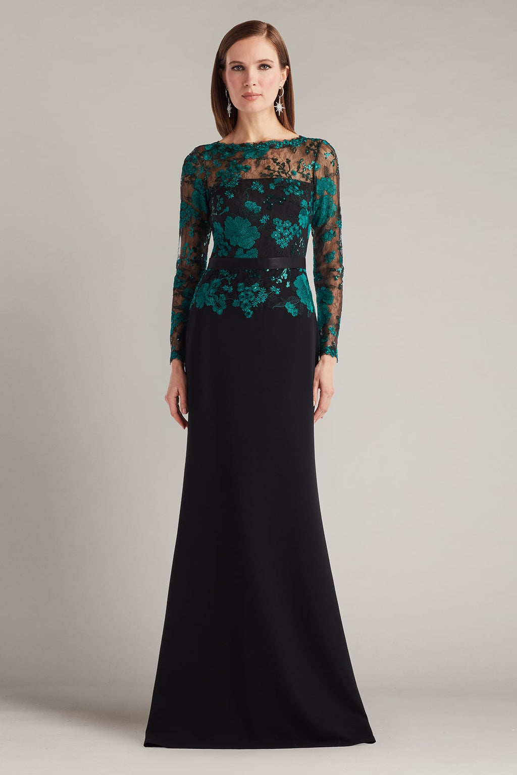 Beacon Belted Embroidered Illusion Gown
