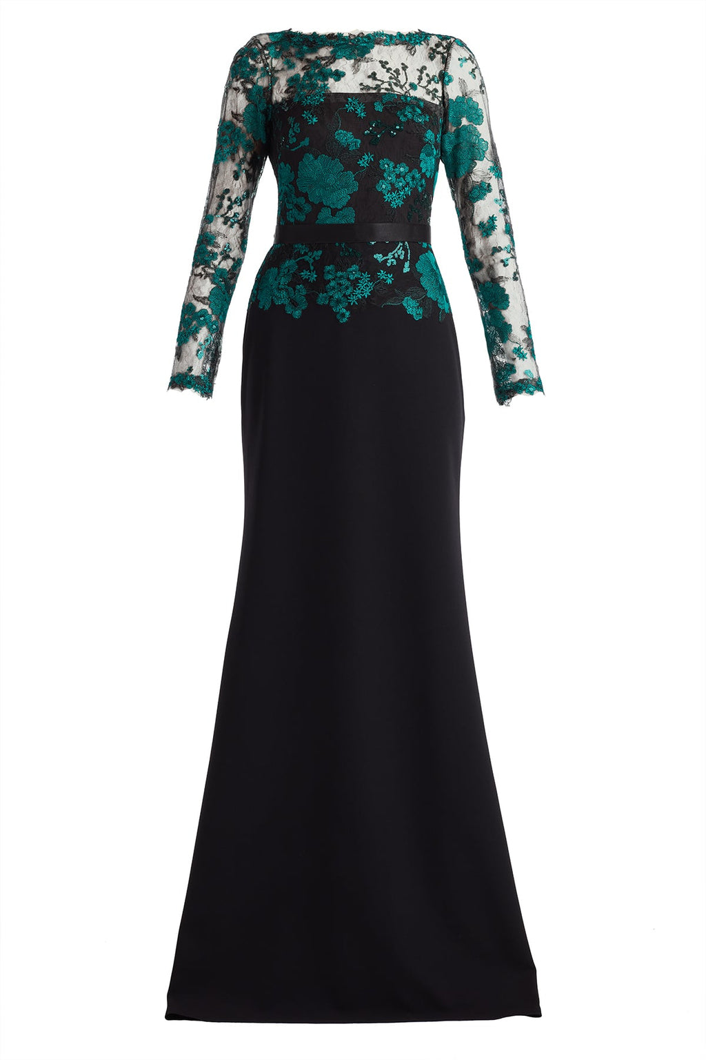 Beacon Belted Embroidered Illusion Gown