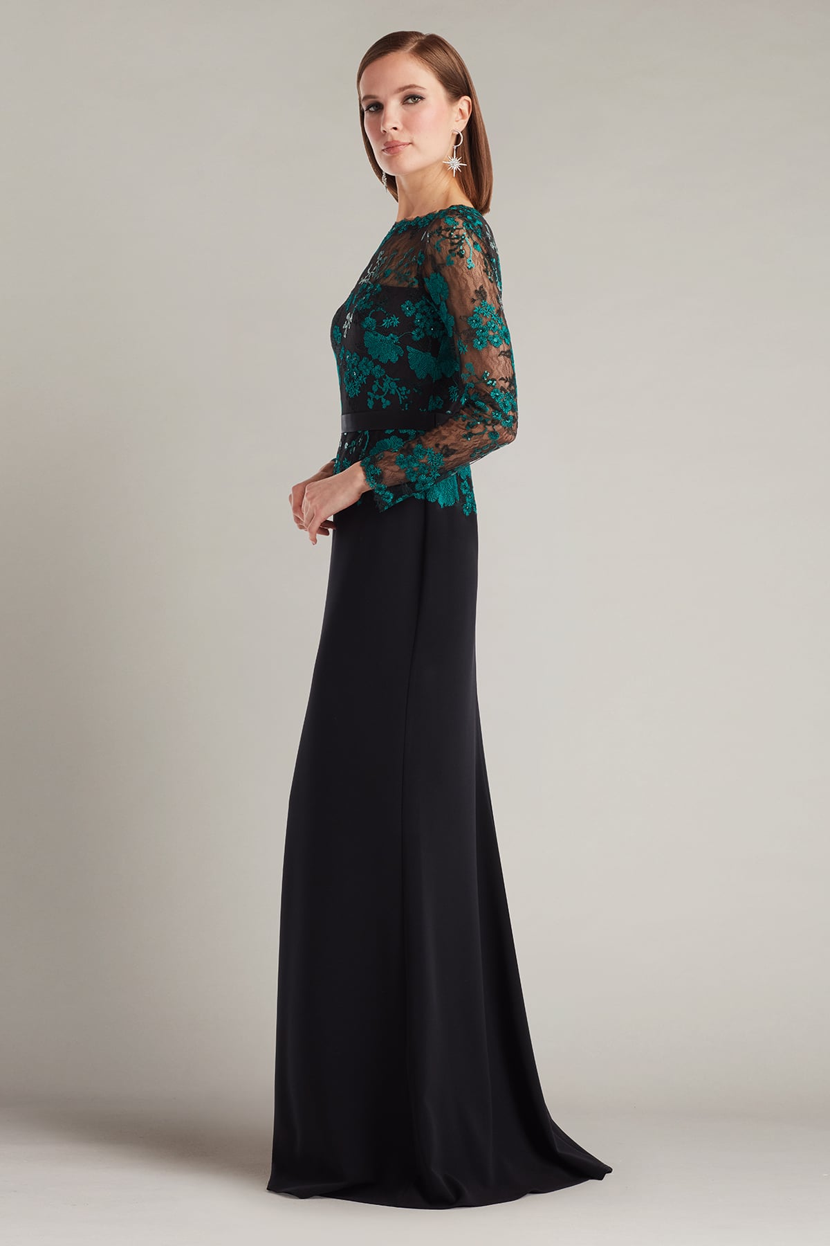 TADASHI SHOJI ドレープパーティードレス ダークグリーン×ブラック Beacon Belted Embroidered Illusion Gown – Tadashi Shoji Official