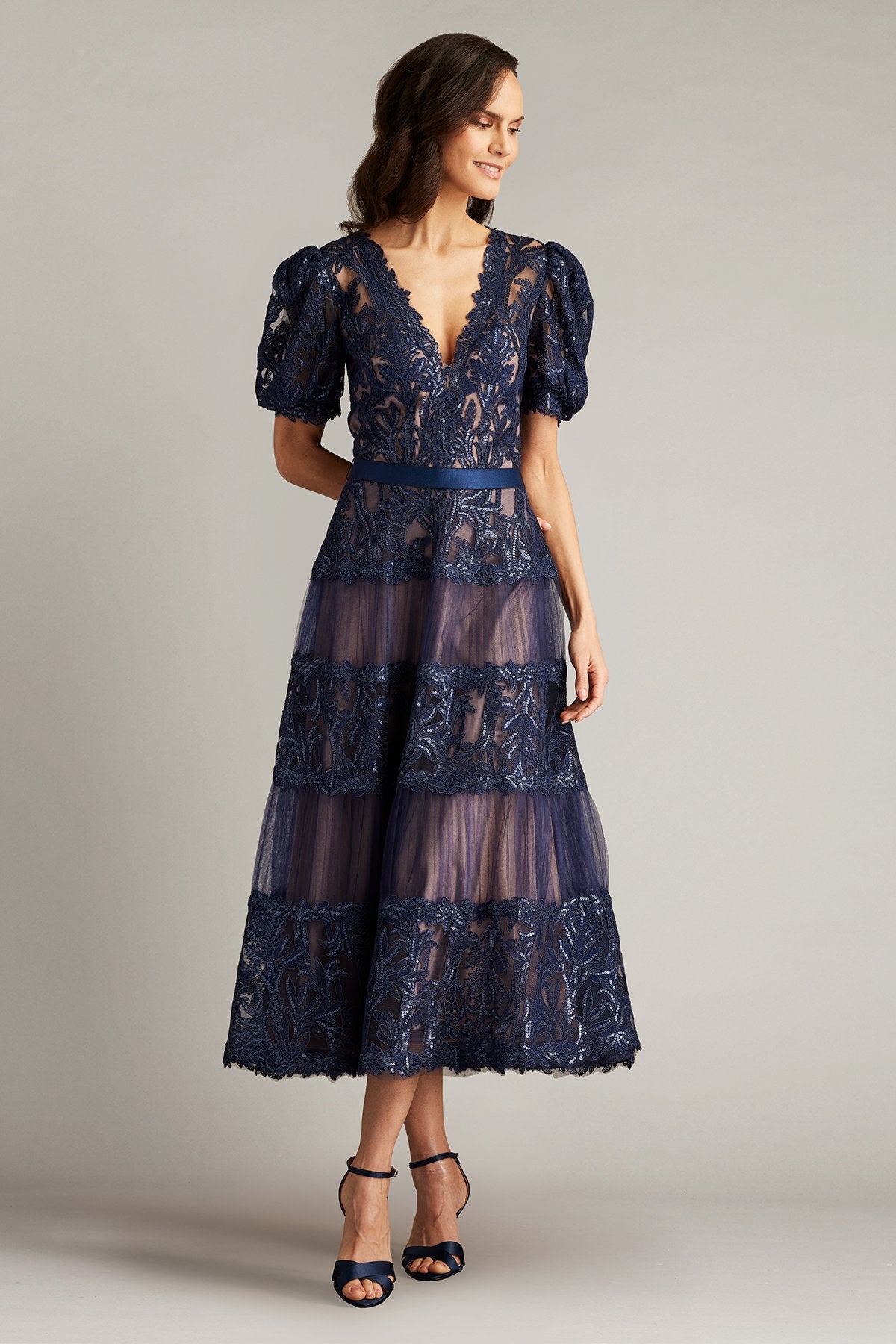 Ziya Embellished Puff Sleeve Midi Dress
