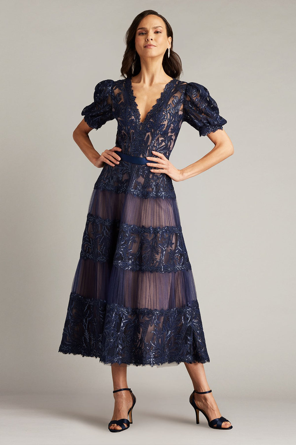 Ziya Embellished Puff Sleeve Midi Dress