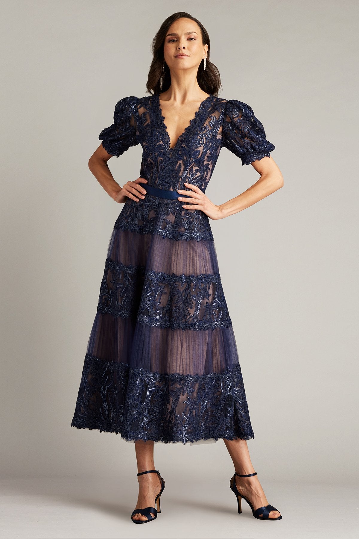 Ziya Embellished Puff Sleeve Midi Dress