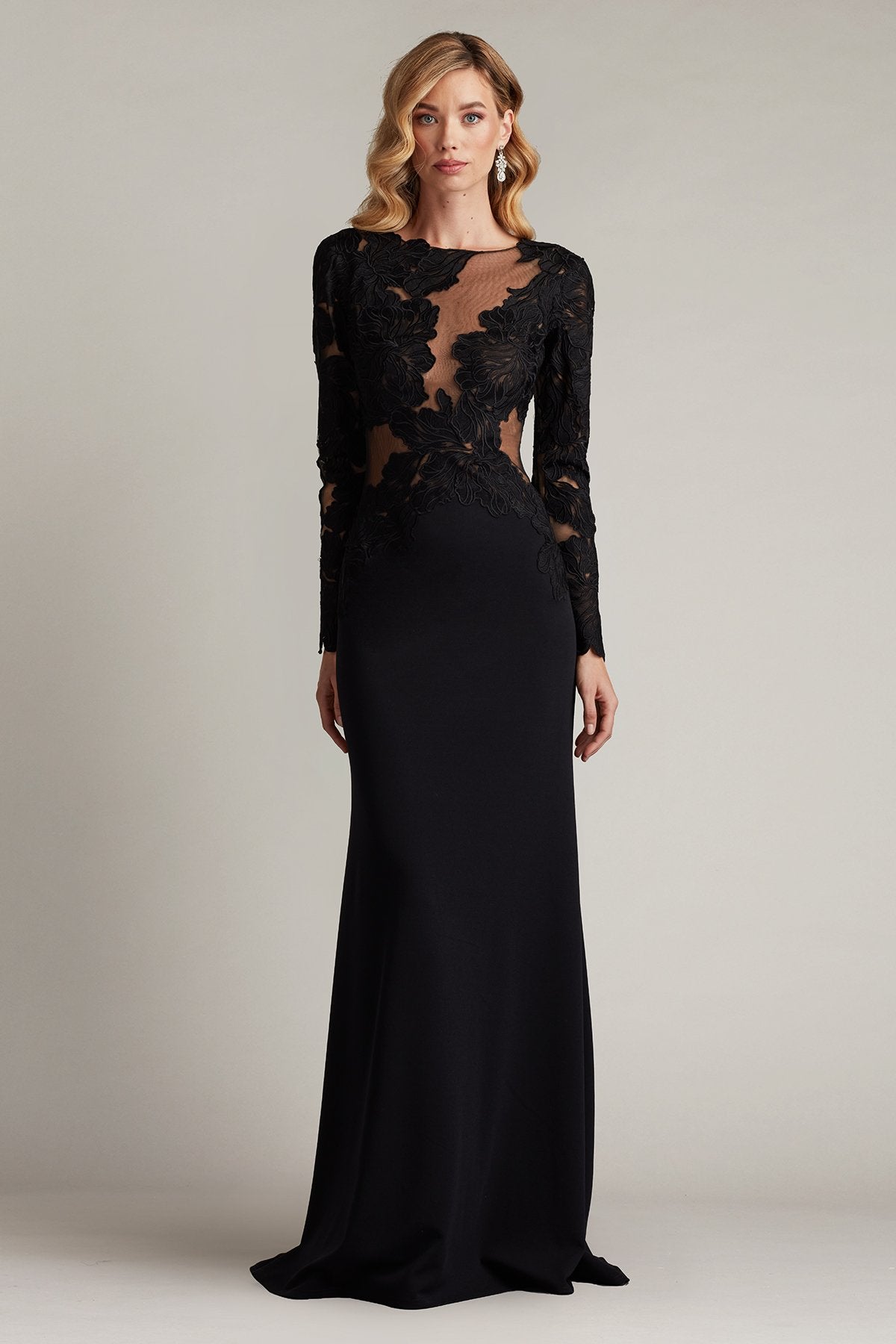 美品tadashi shoji黒 レース装飾 ドレス バックオープン Caselle Embroidered Illusion Bodice Gown – Tadashi Shoji Official