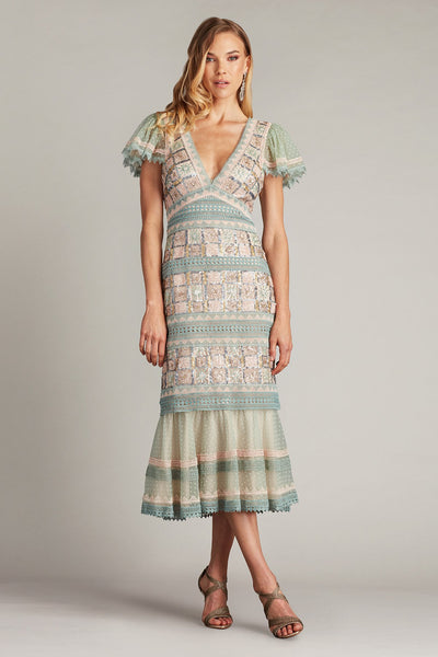 Belle Sequin Lace Panel Midi Dress – Tadashi Shoji Official Online