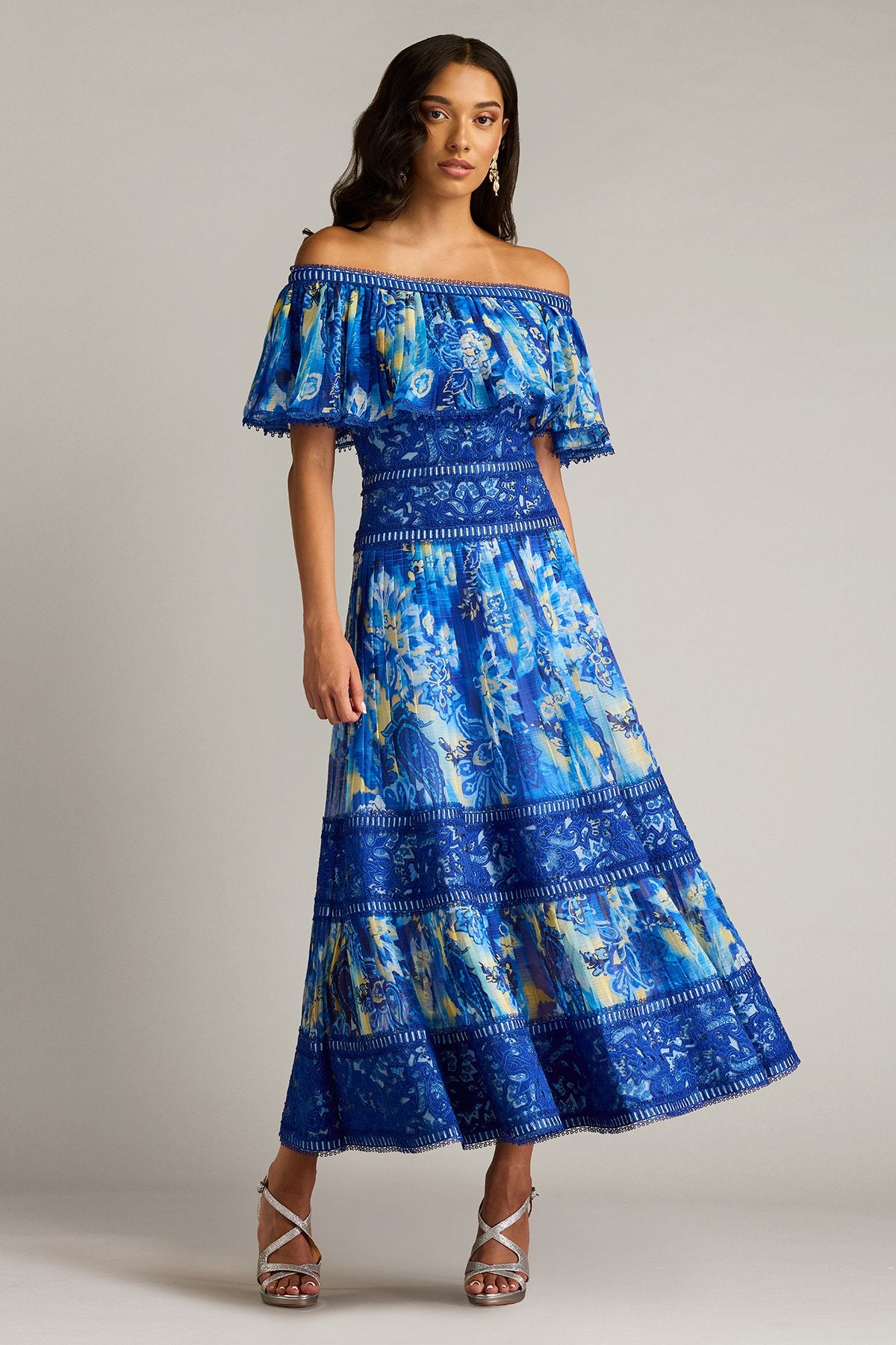 Amary Floral Pleated Chiffon Midi Dress – Tadashi Shoji Official