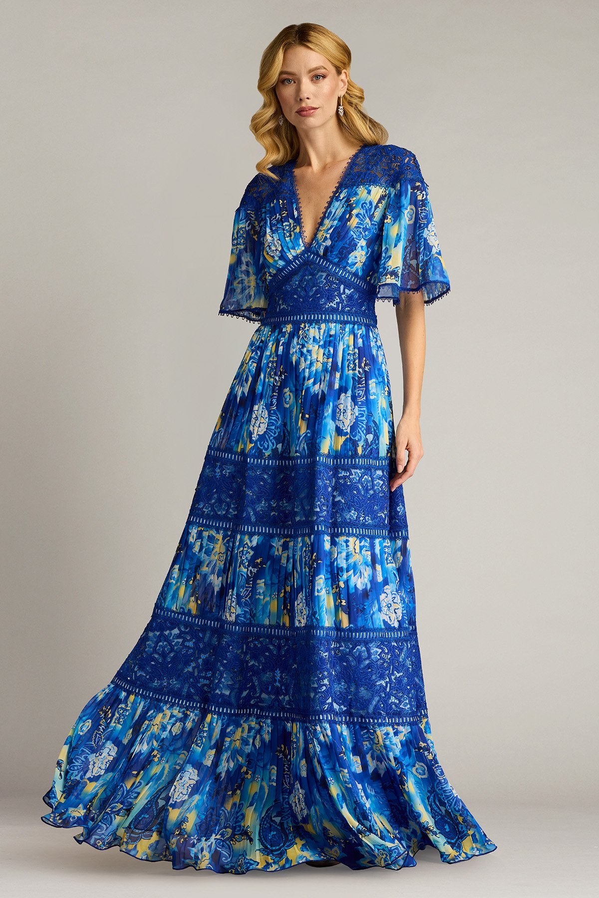 Cyra Floral Pleated Chiffon Gown – Tadashi Shoji Official Online