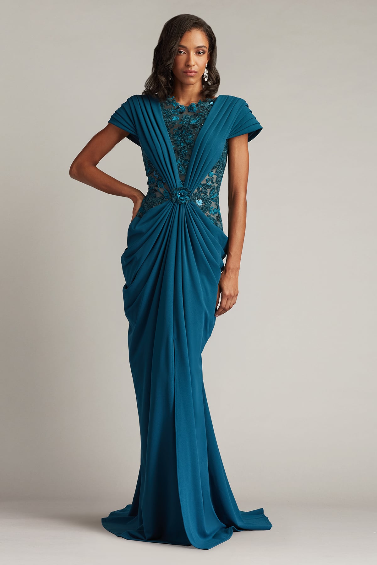 Julina Draped Overlay Embroidered Gown