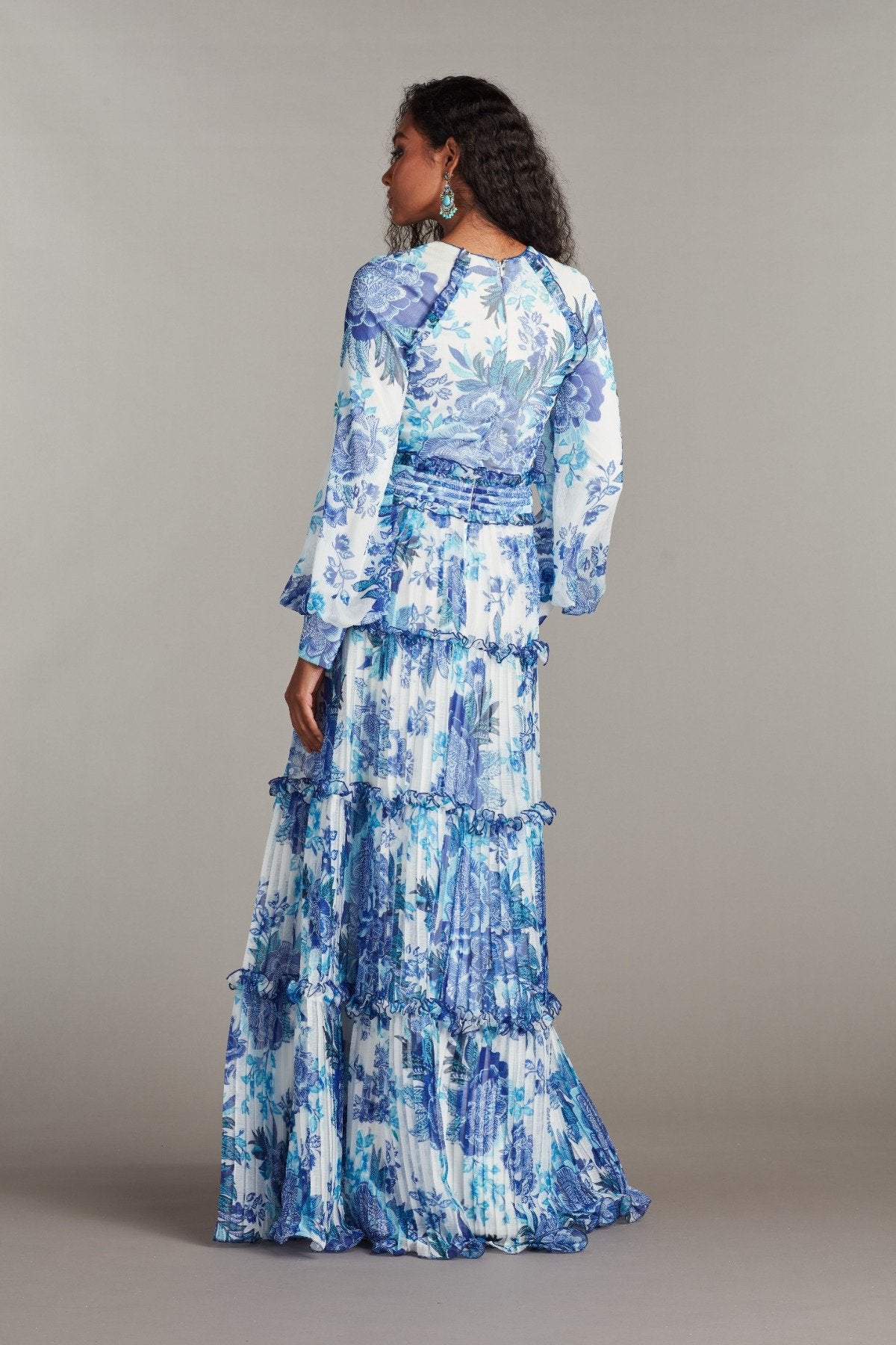 【TADASHI SHOJI】青系花柄バルーンスリーブドレス　2サイズ Atlas Pleated Floral Print Gown – Tadashi Shoji Official Online