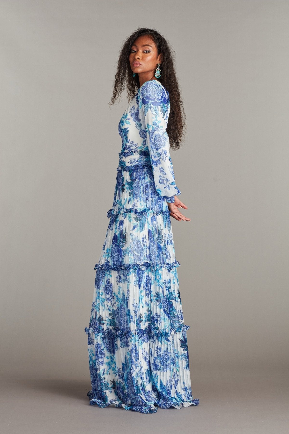 Atlas Pleated Floral Print Gown