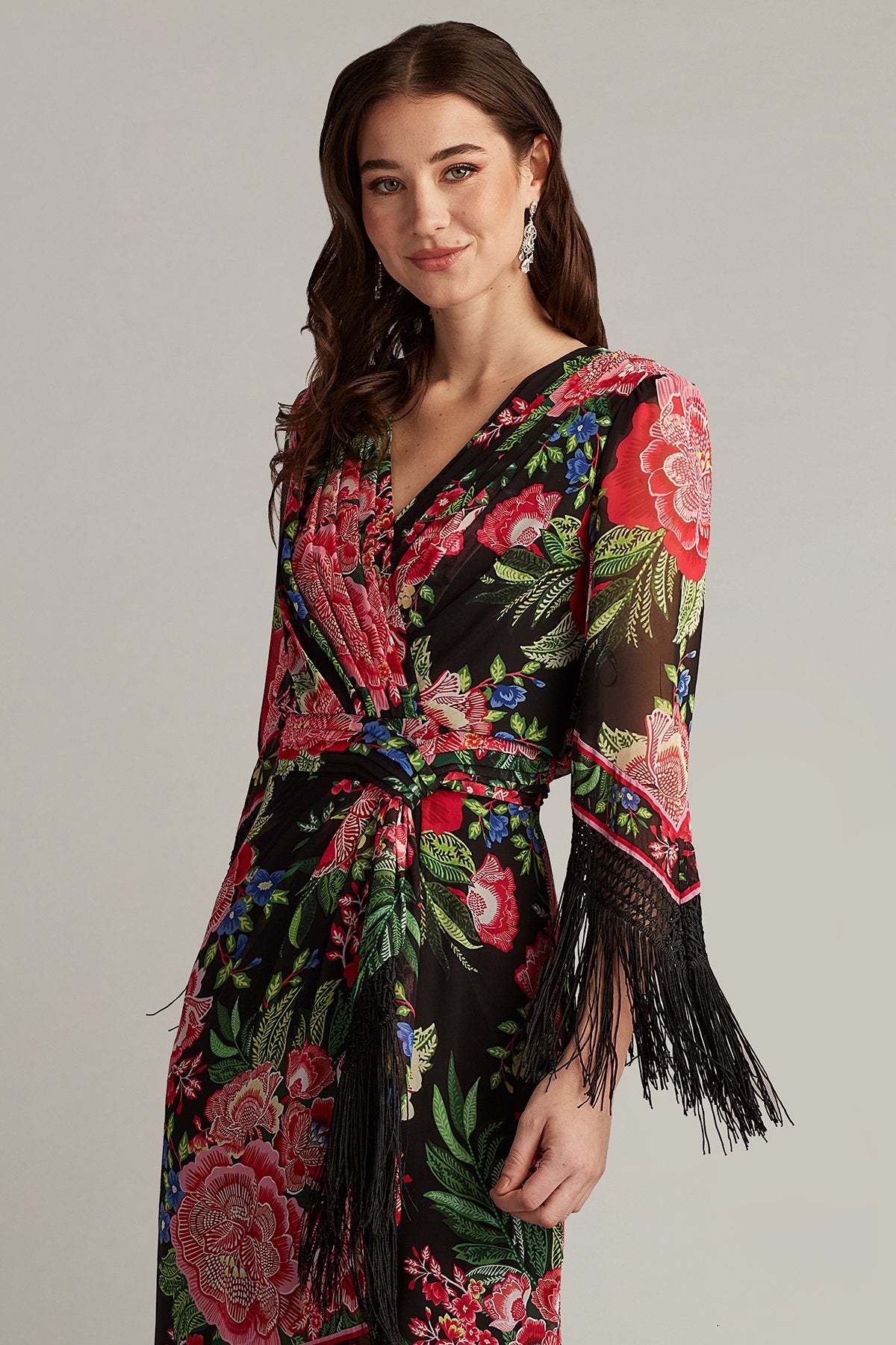 Mair Floral Print Tassel Fringe Wrap Dress