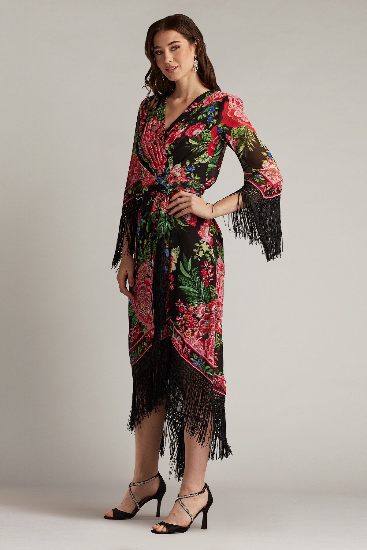 Mair Floral Print Tassel Fringe Wrap Dress