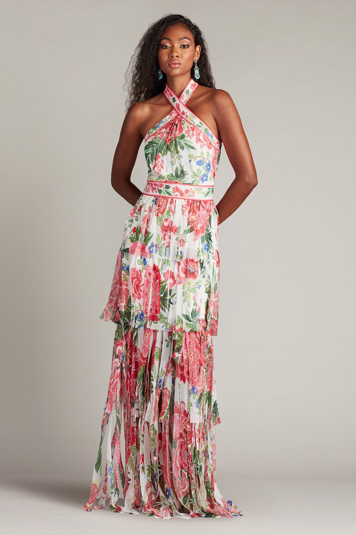 Somaya Floral Print Fringe Gown – Tadashi Shoji Official Online Boutique