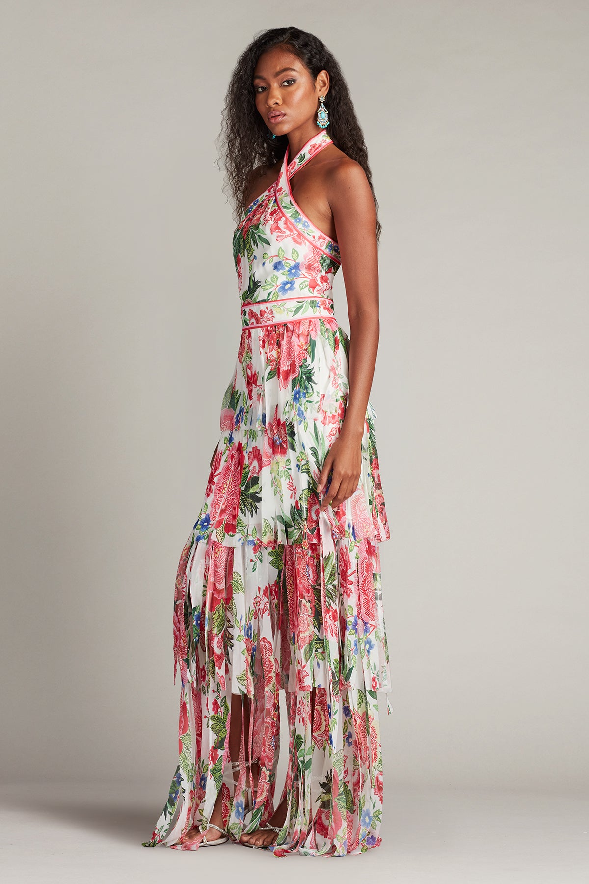 Somaya Floral Print Fringe Gown