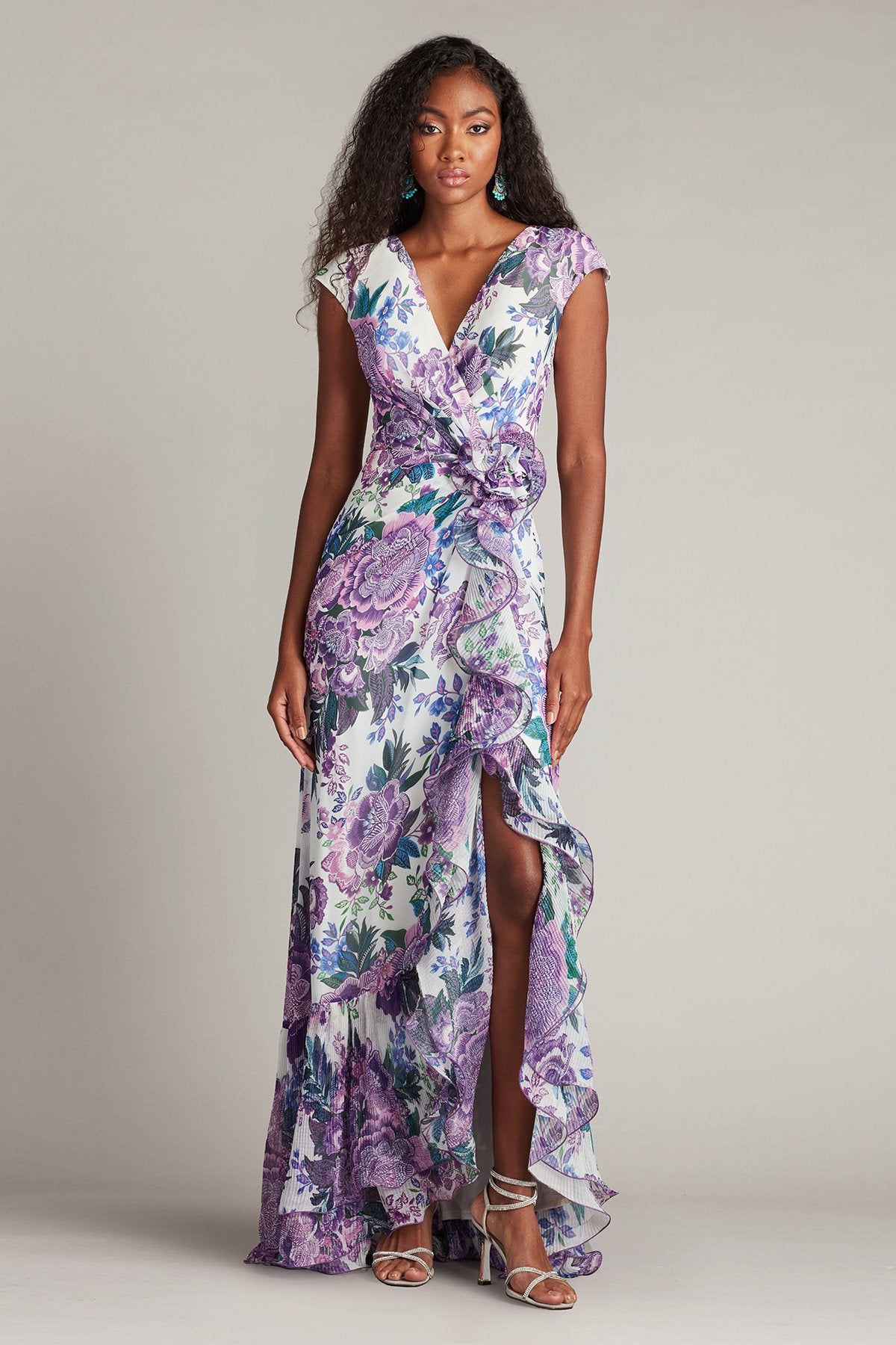 TADASHI SHOJI シルクワンピースドレス　ティアード　フリル　紫 Sinai Floral Cascading Ruffle Gown – Tadashi Shoji Official Online