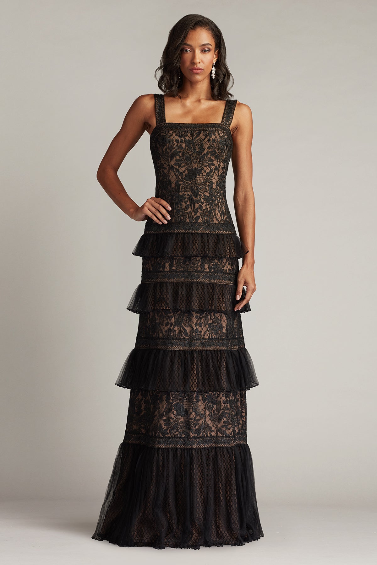 Ruva Tiered Ruffle Embroidered Gown – Tadashi Shoji Official Online Boutique