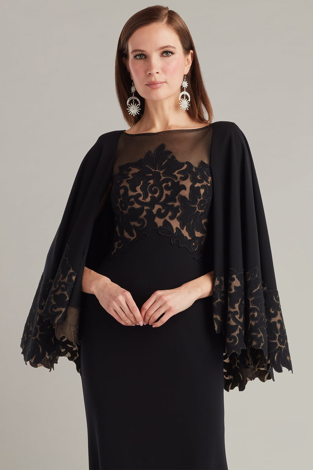 Delgado Laser-Cut Capelet Gown
